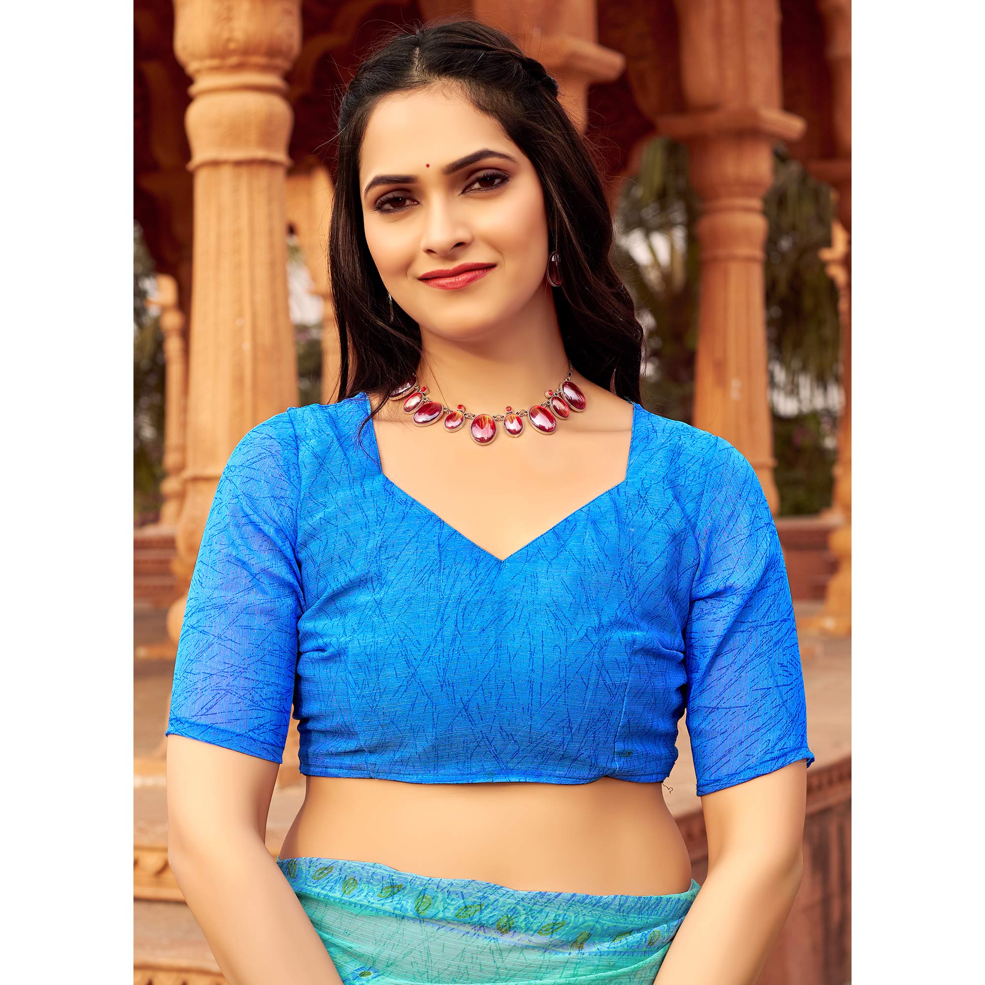 Blue Floral Printed Chiffon Saree