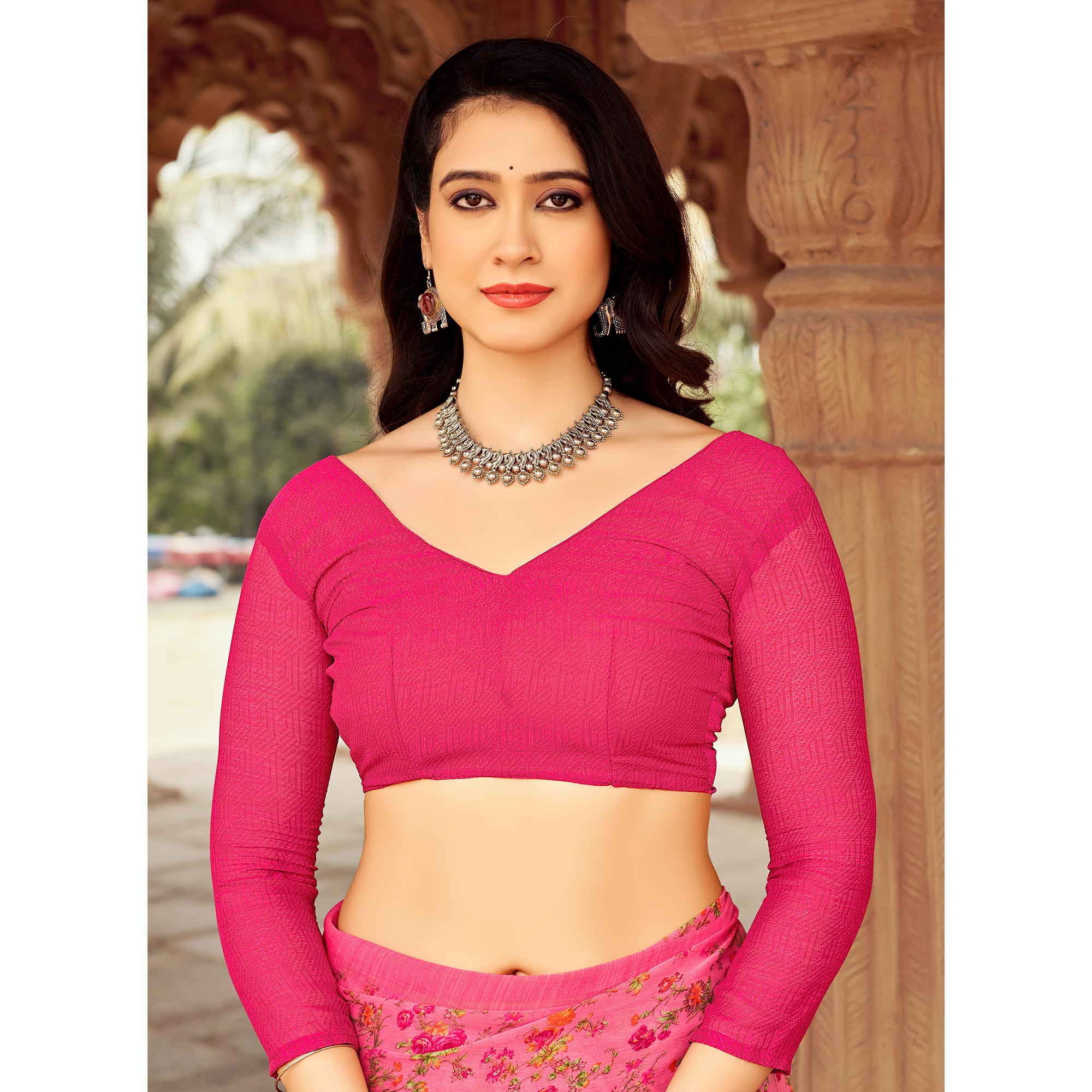 Pink Floral Printed Chiffon Saree