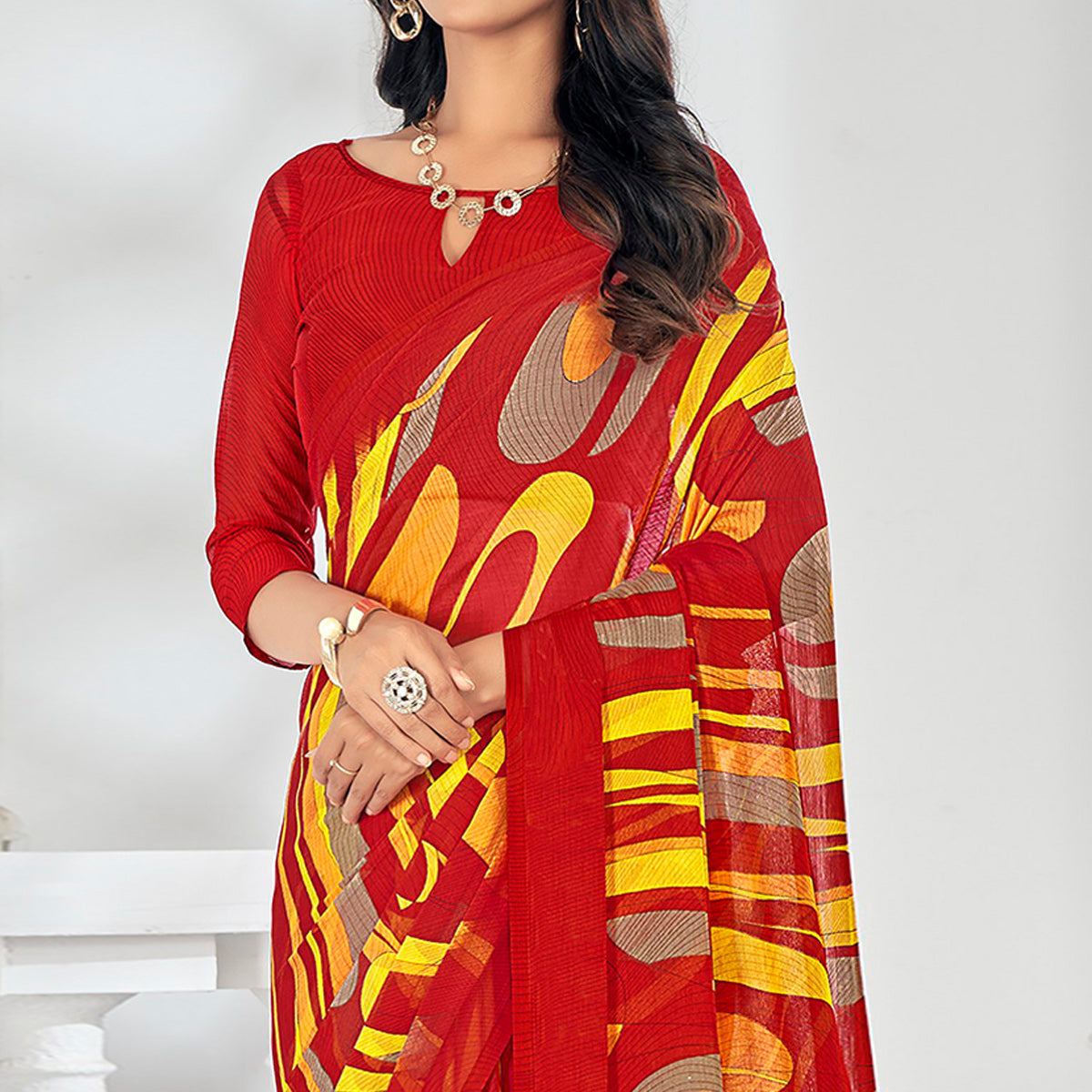 Red Printed Chiffon Saree