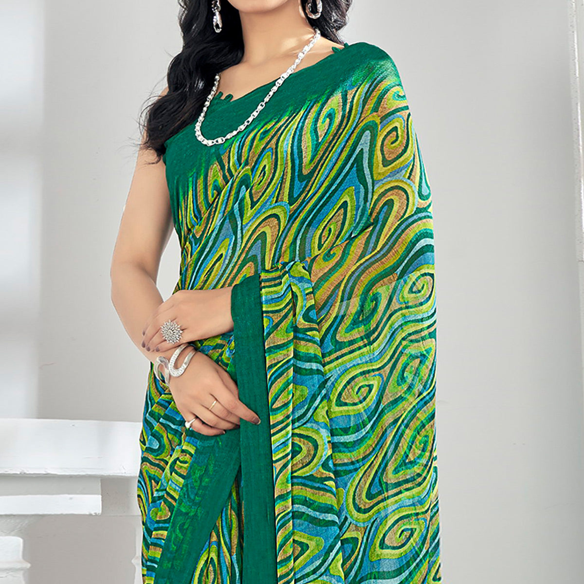 Green Printed Chiffon Saree