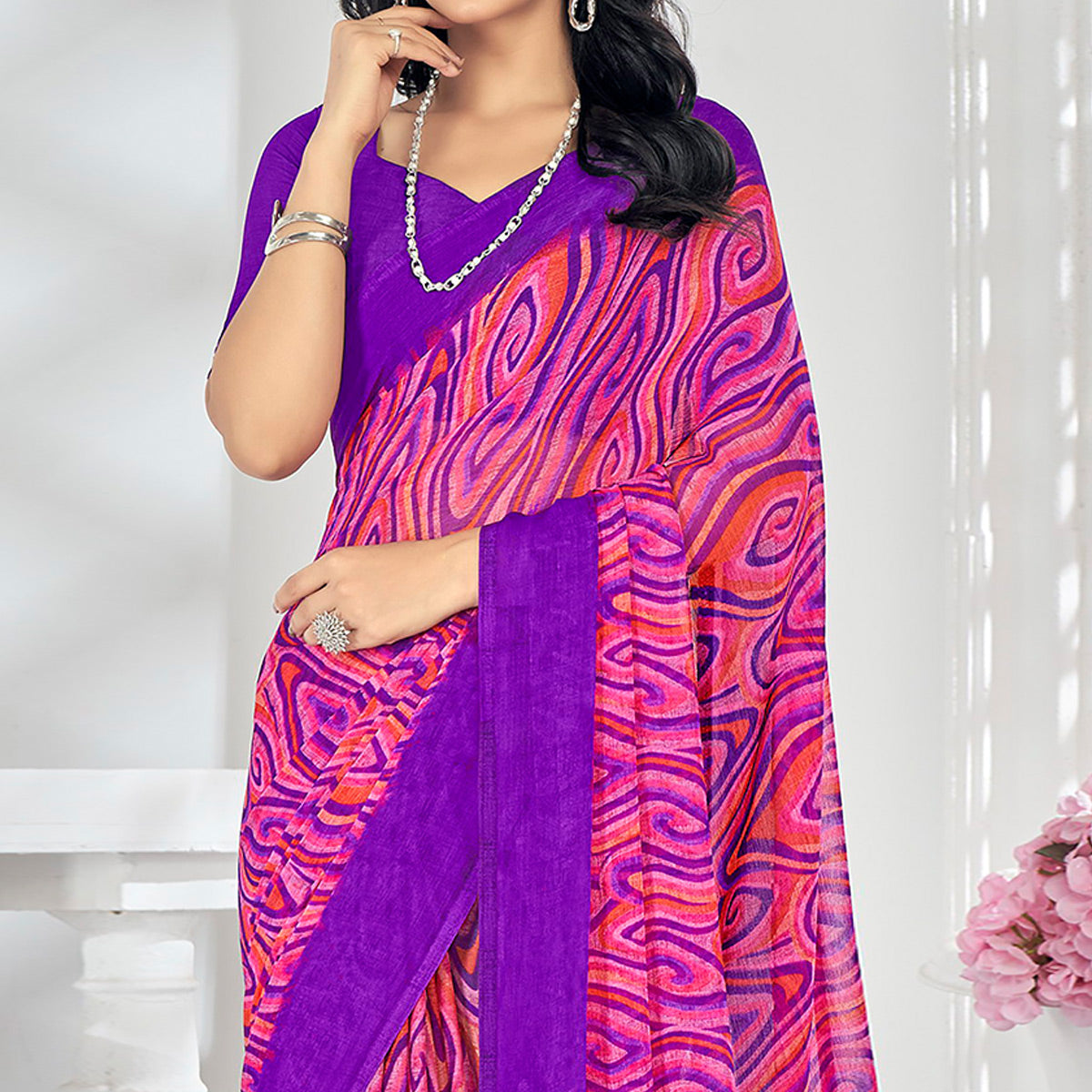 Pink & Purple Printed Chiffon Saree