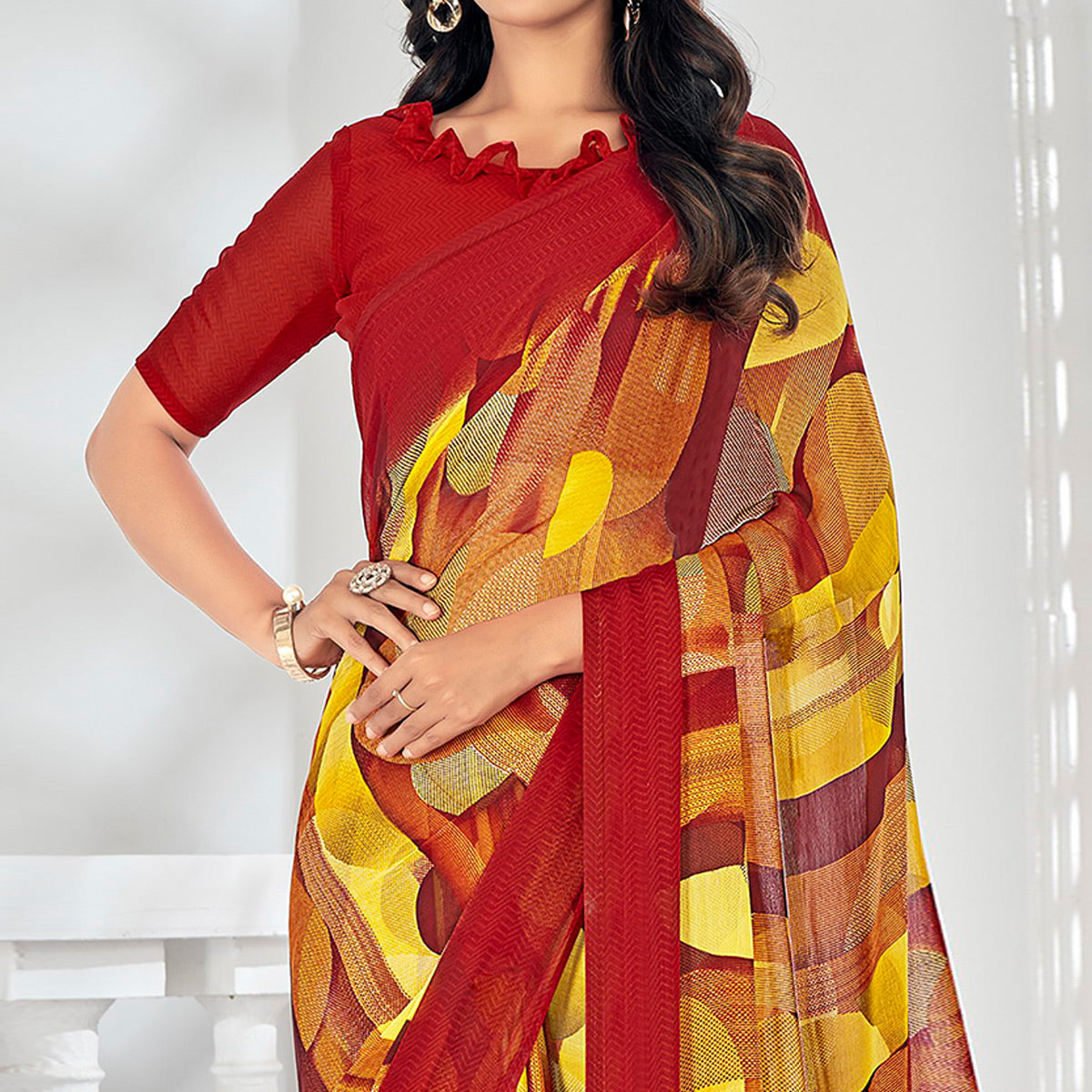 Red & Yellow Printed Chiffon Saree