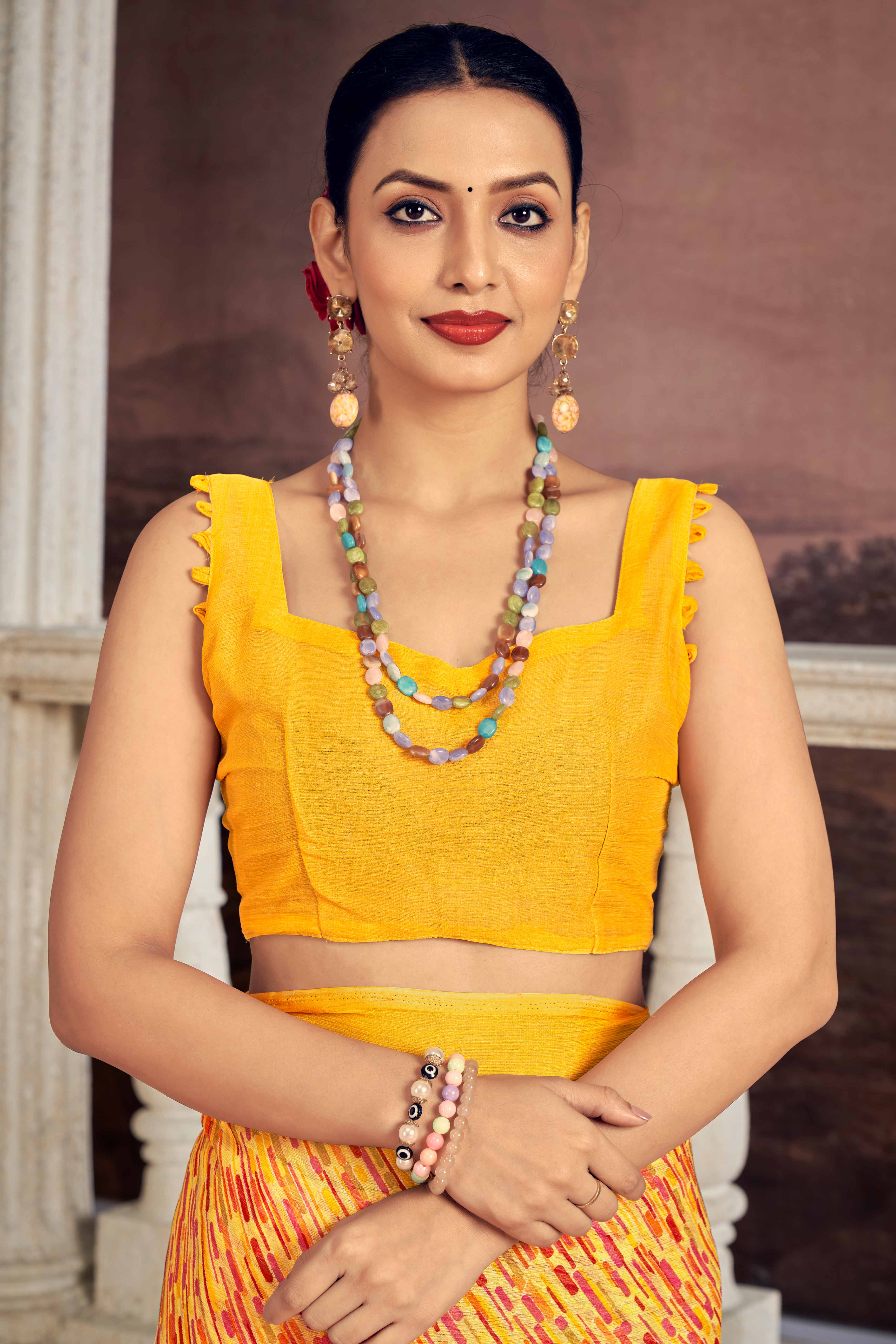 Elegant Mustard Chiffon Saree With Stylish Print