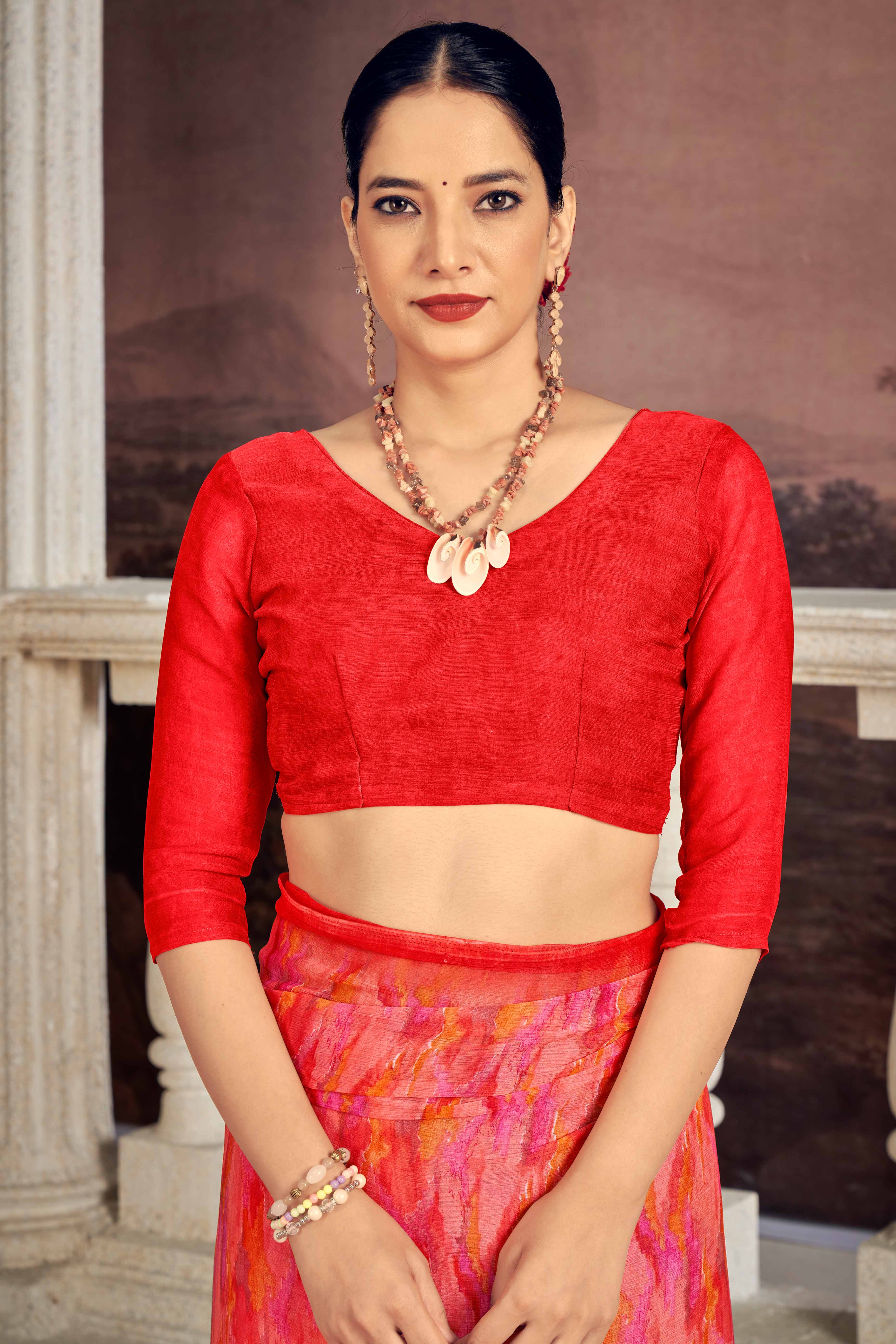 Bold Red Chiffon Saree With Artistic Abstract Prints