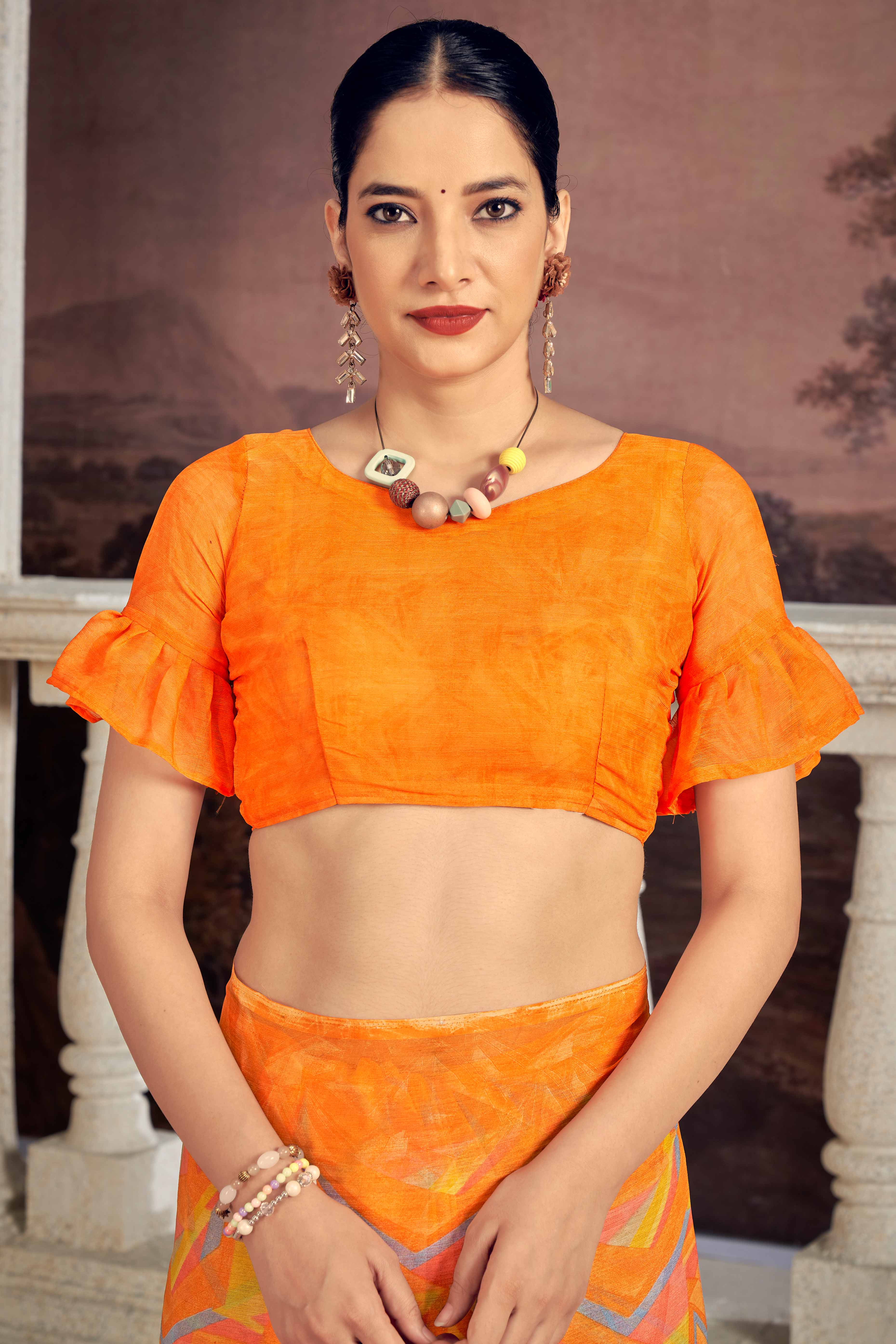 Refreshing Orange Chiffon Saree With Contemporary Geometric Print