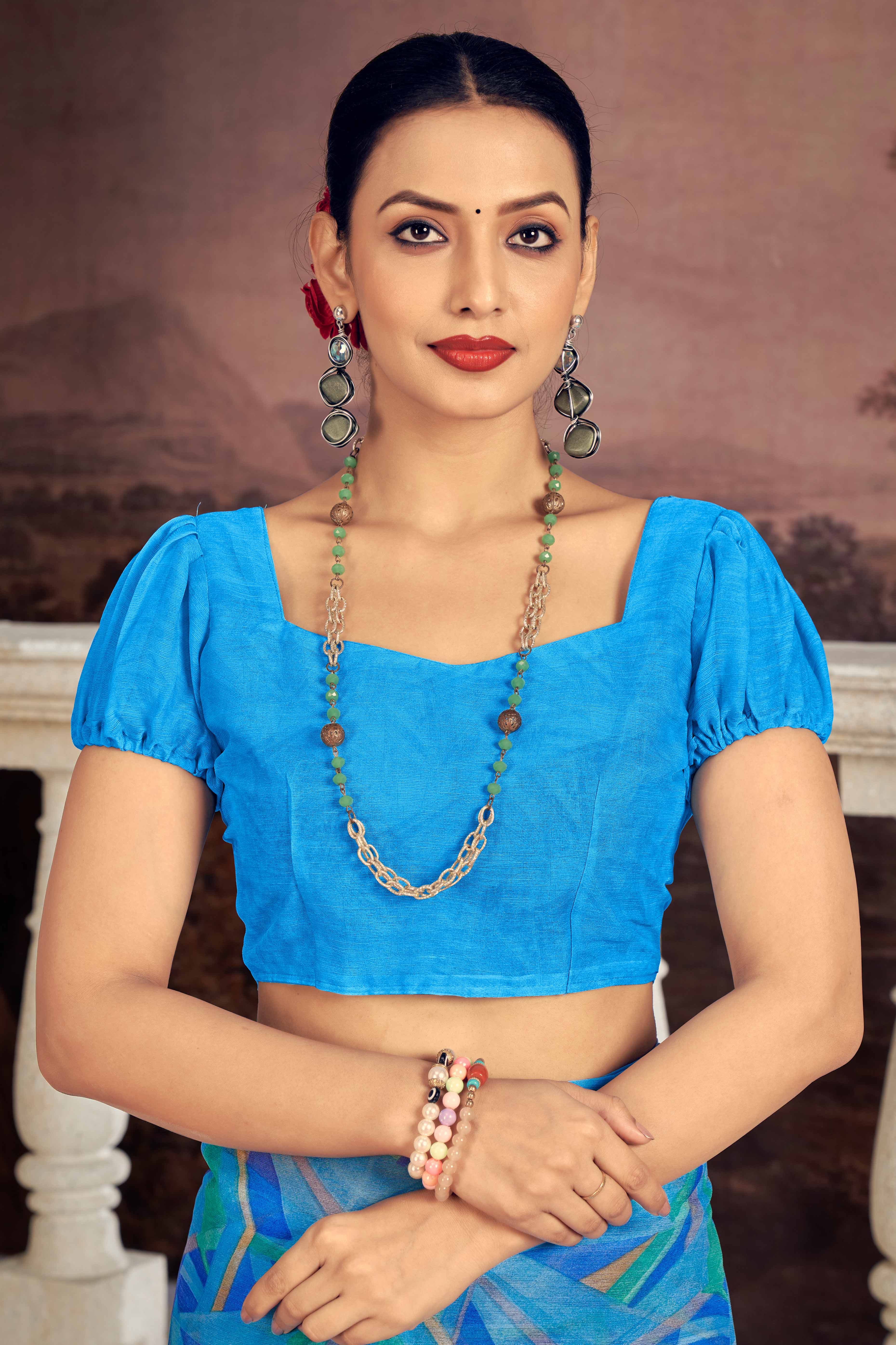 Vibrant Blue Chiffon Saree With Modern Geometric Print