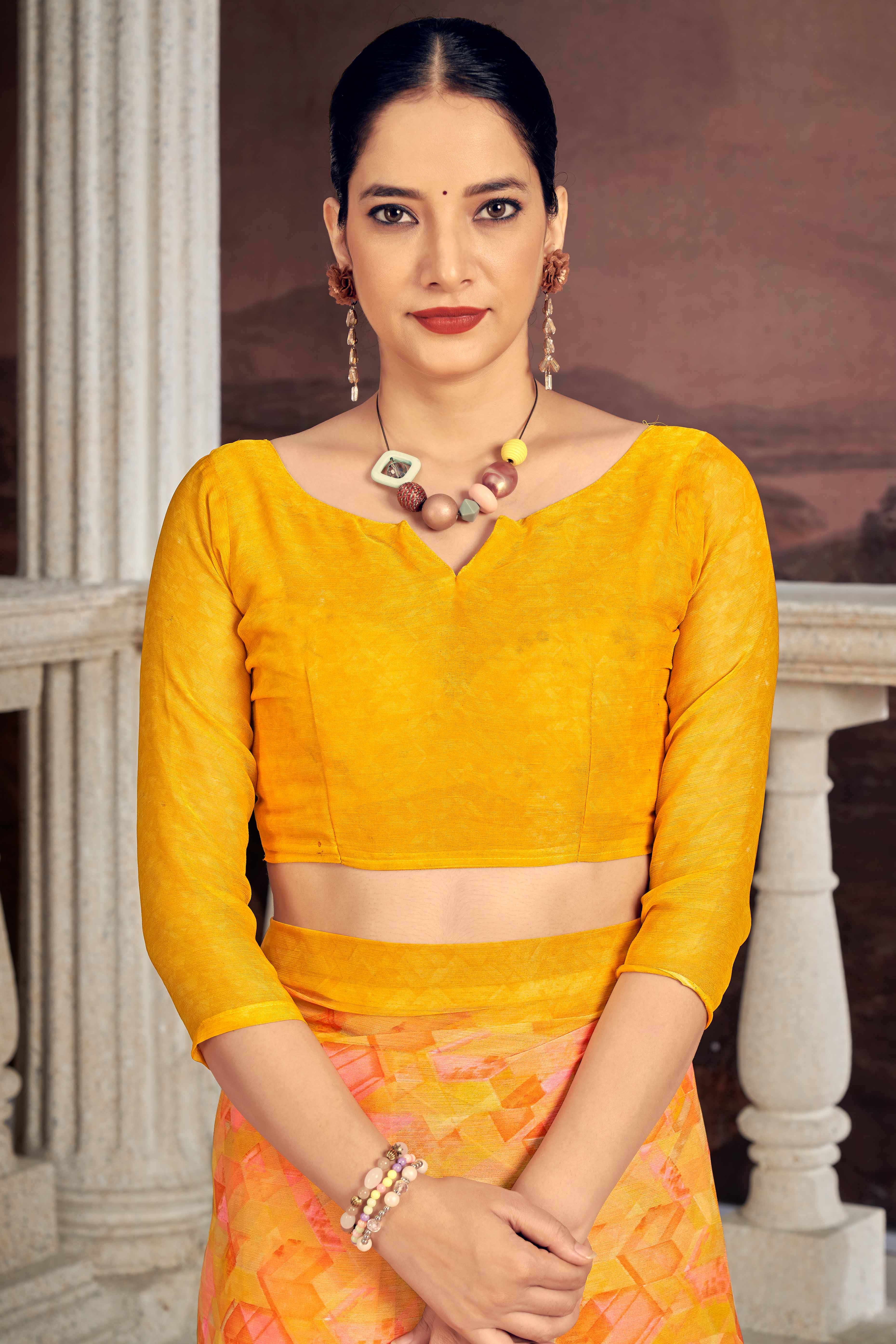 Elegant Mustard Chiffon Saree With Modern Geometric Print