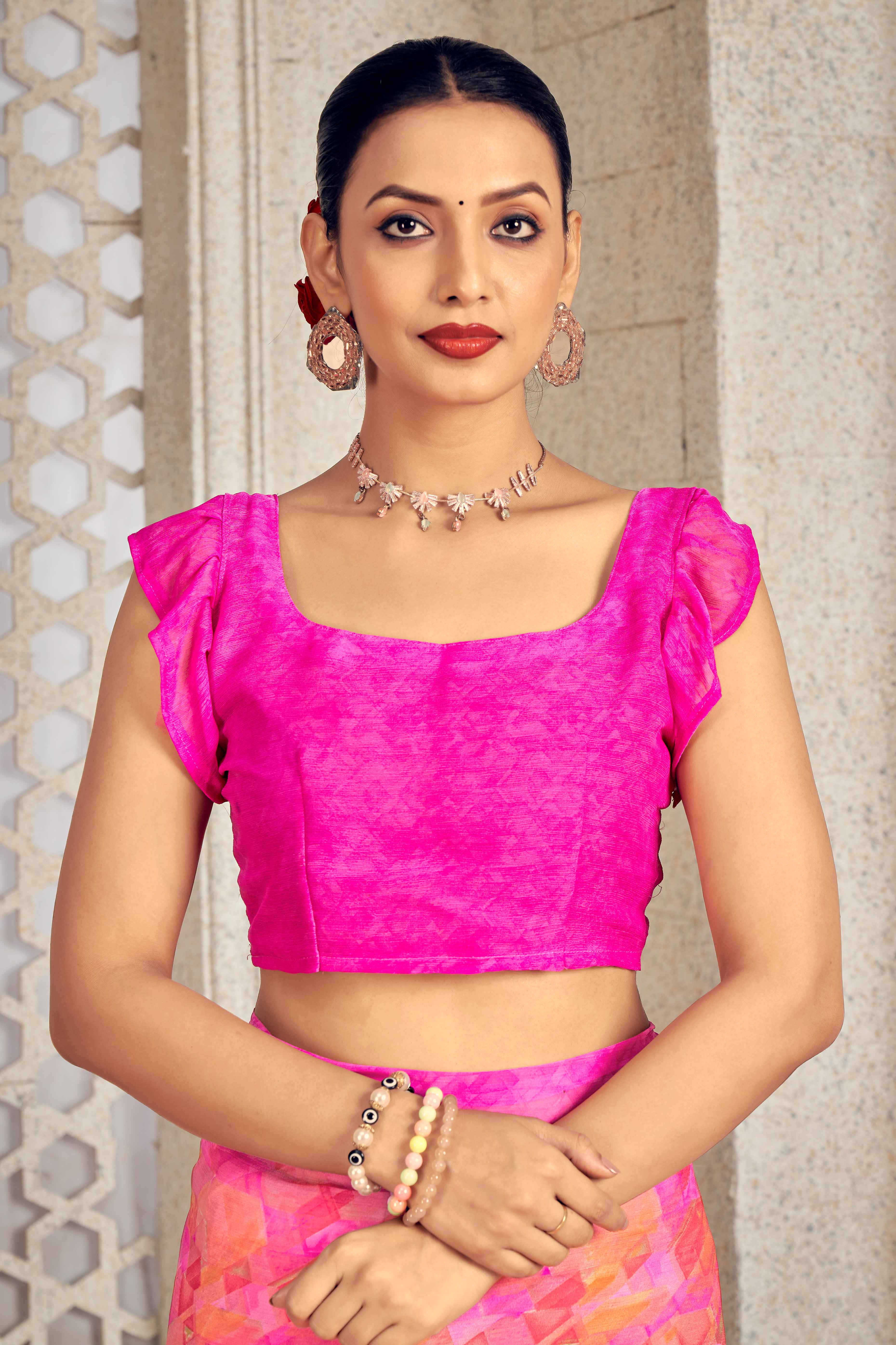 Chic Pink Chiffon Saree With Stylish Geometric Print