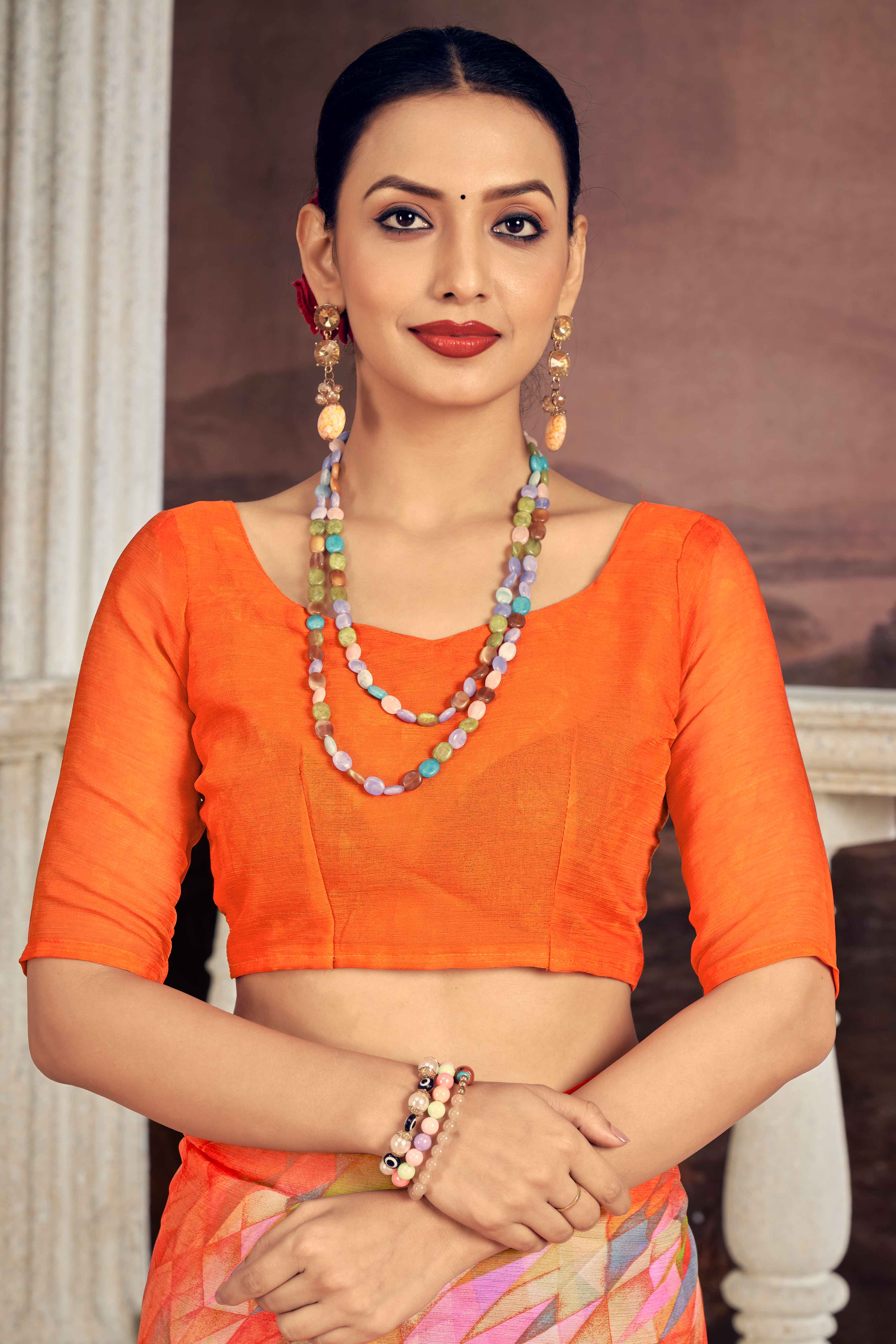 Vibrant Orange Chiffon Saree With Stylish Geometric Print