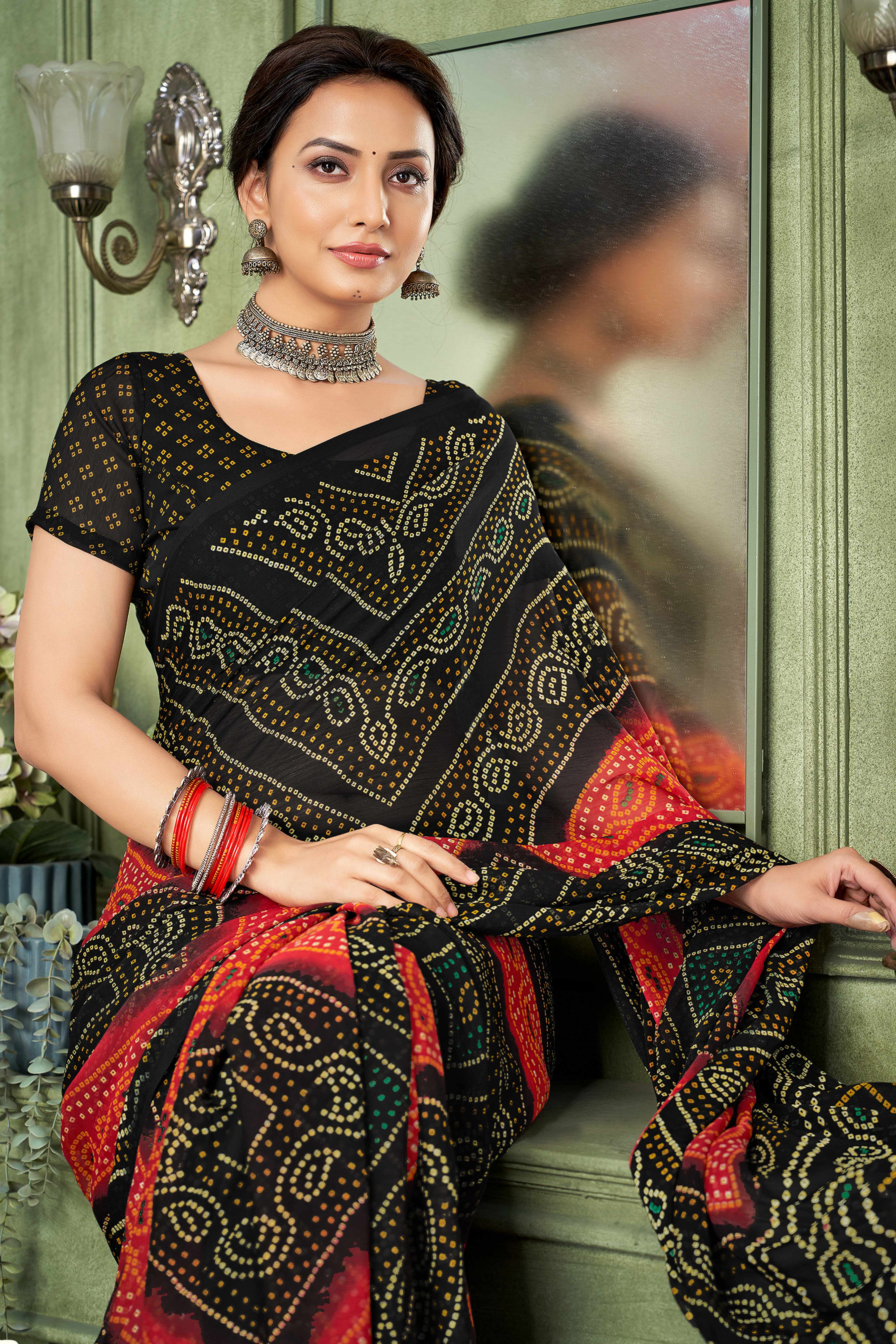 Black Chiffon Saree Adorned With Traditional Bandhani Print