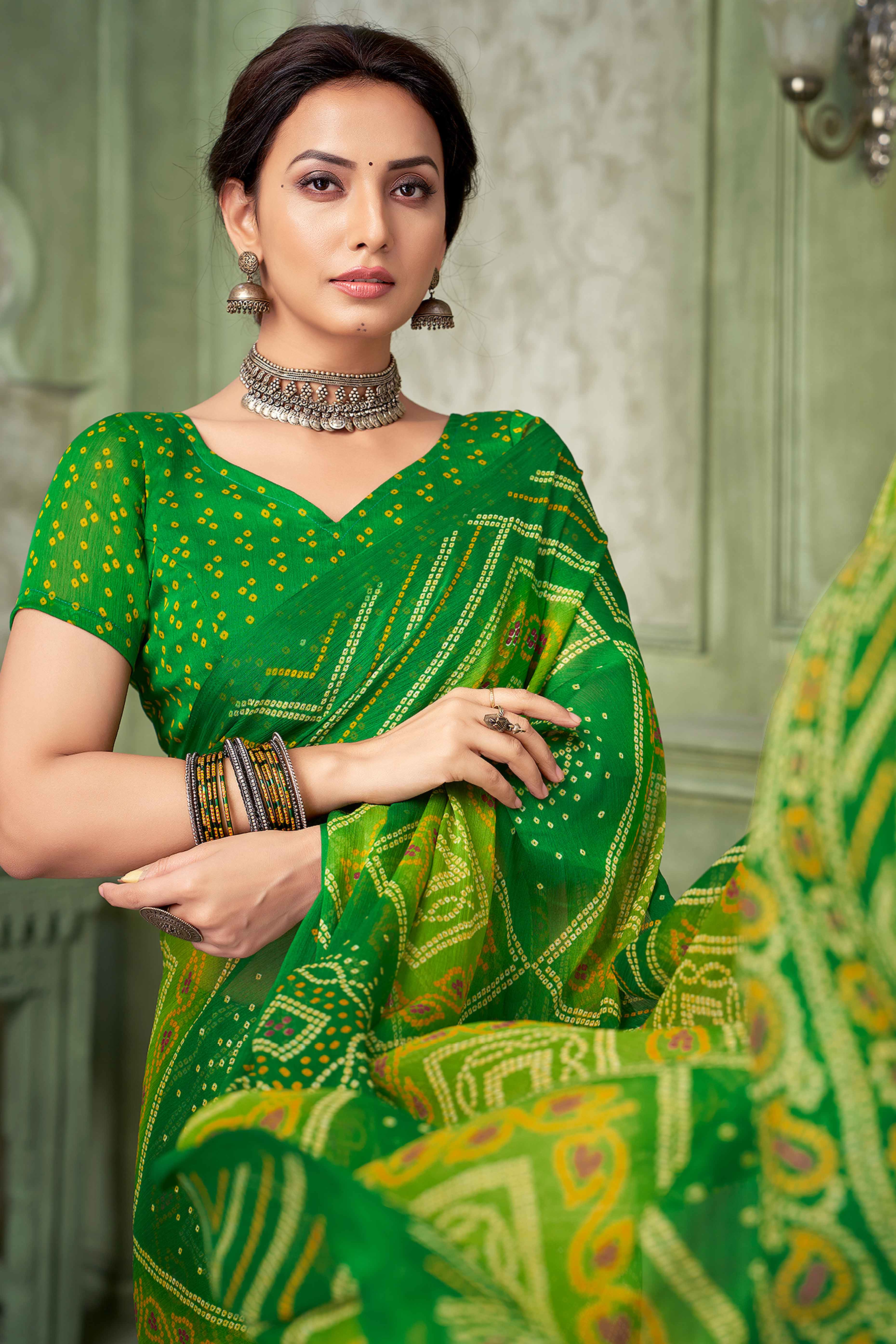 Green Chiffon Saree Adorned With Traditional Bandhani Print