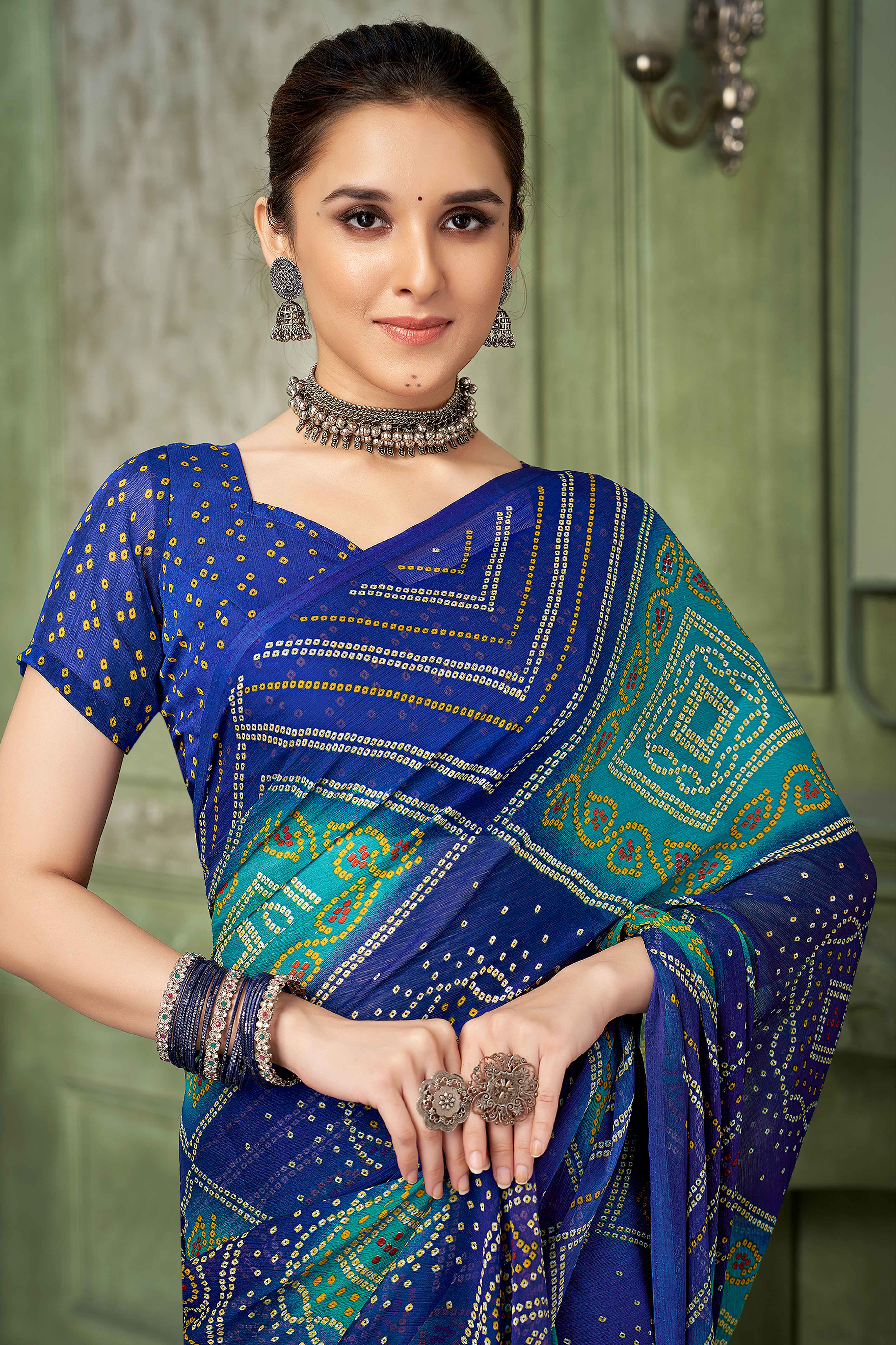 Blue Chiffon Saree Adorned With Traditional Bandhani Print