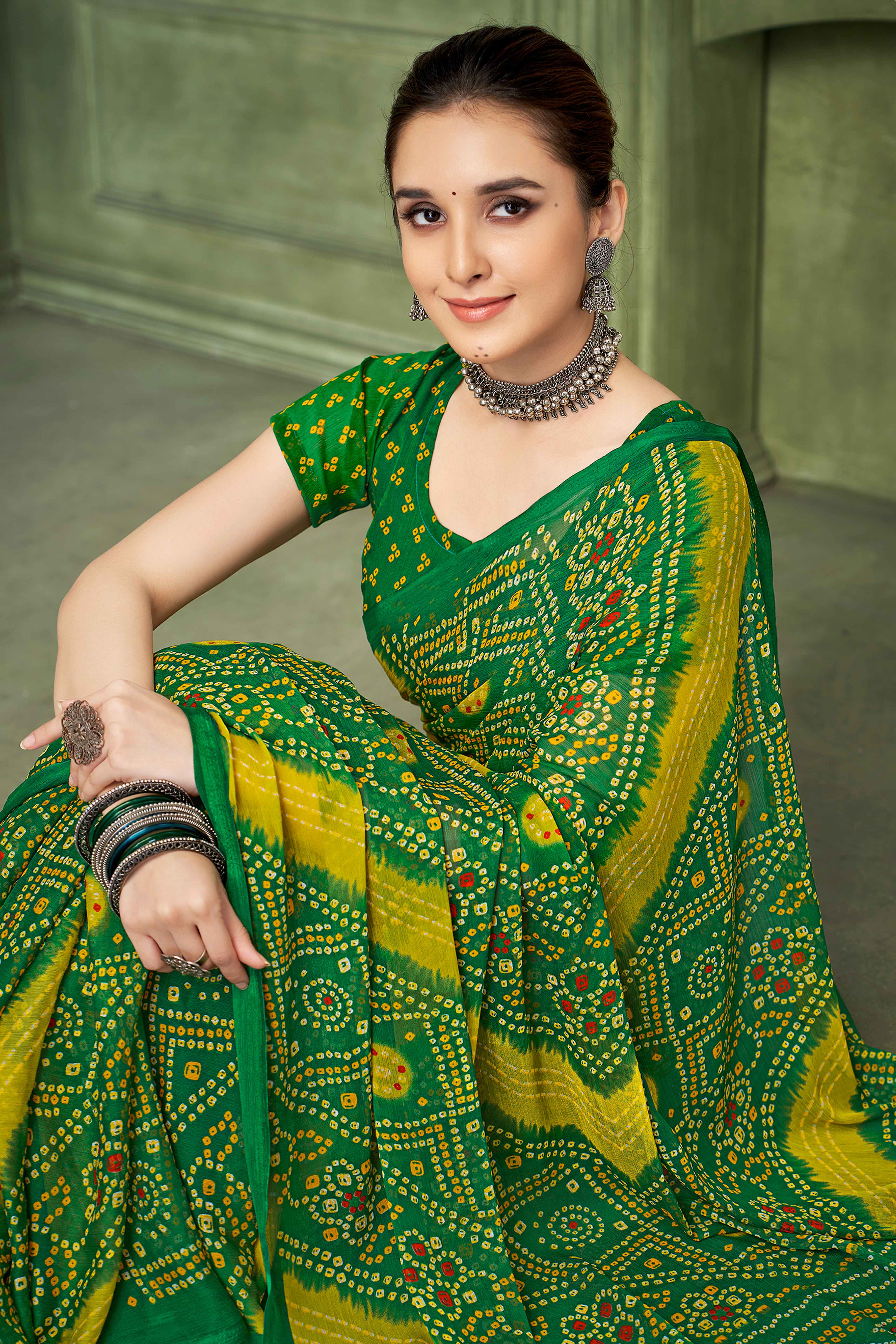 Green Chiffon Saree Adorned With Traditional Bandhani Print