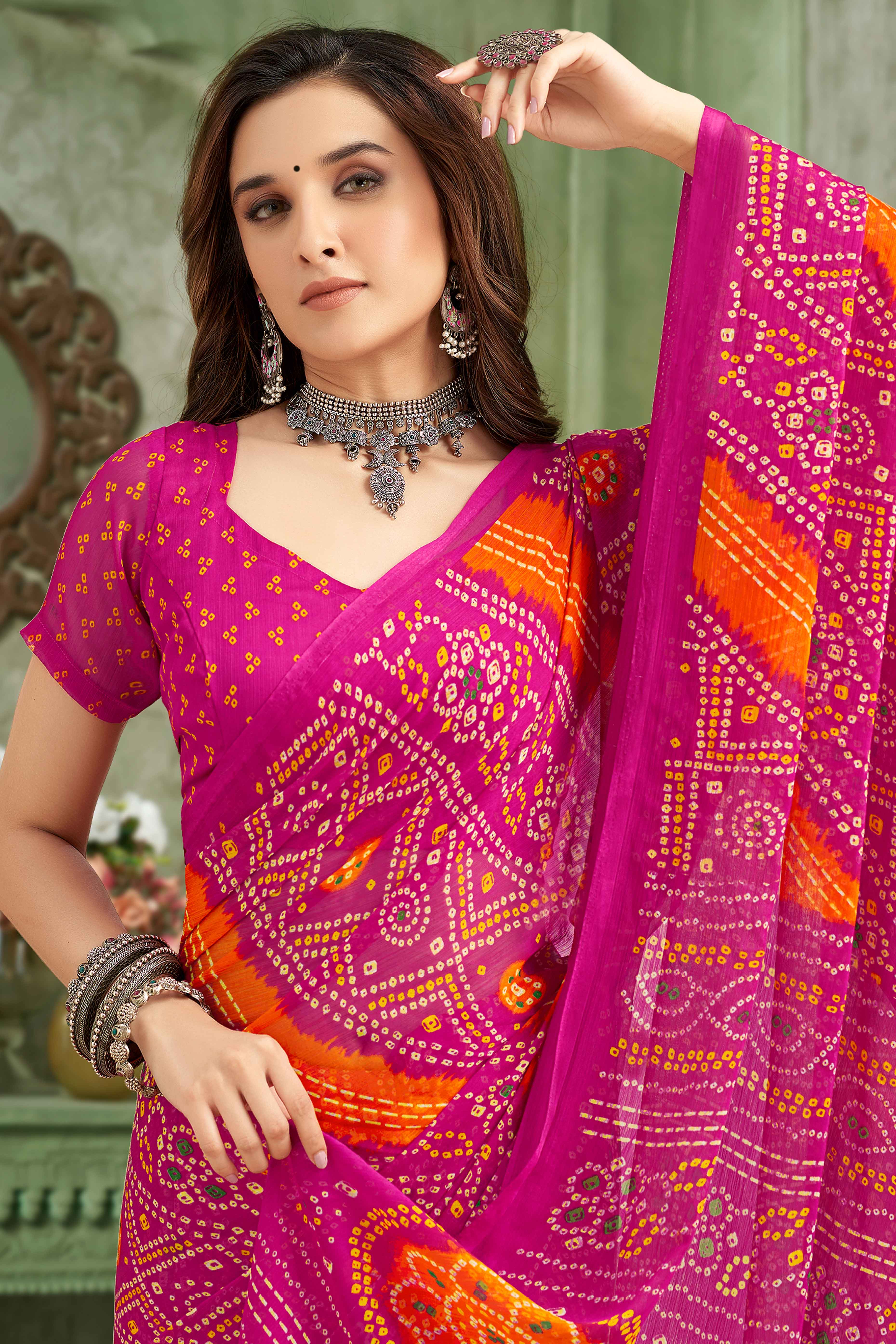 Magenta Chiffon Saree Adorned With Traditional Bandhani Print