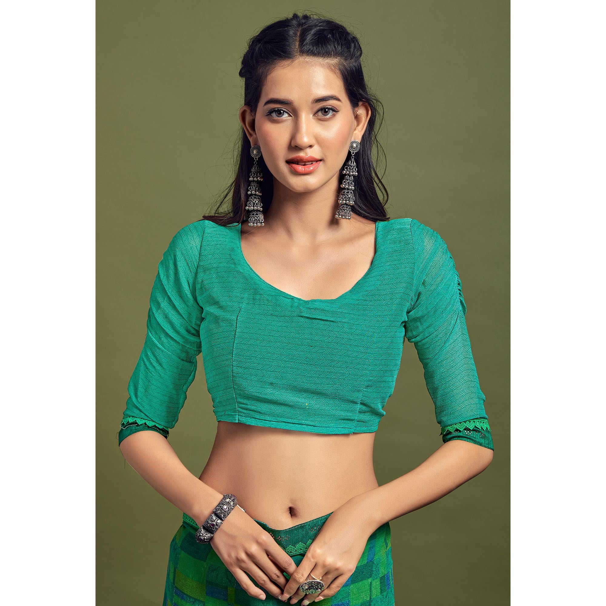 Green Geometric Printed Chiffon Saree