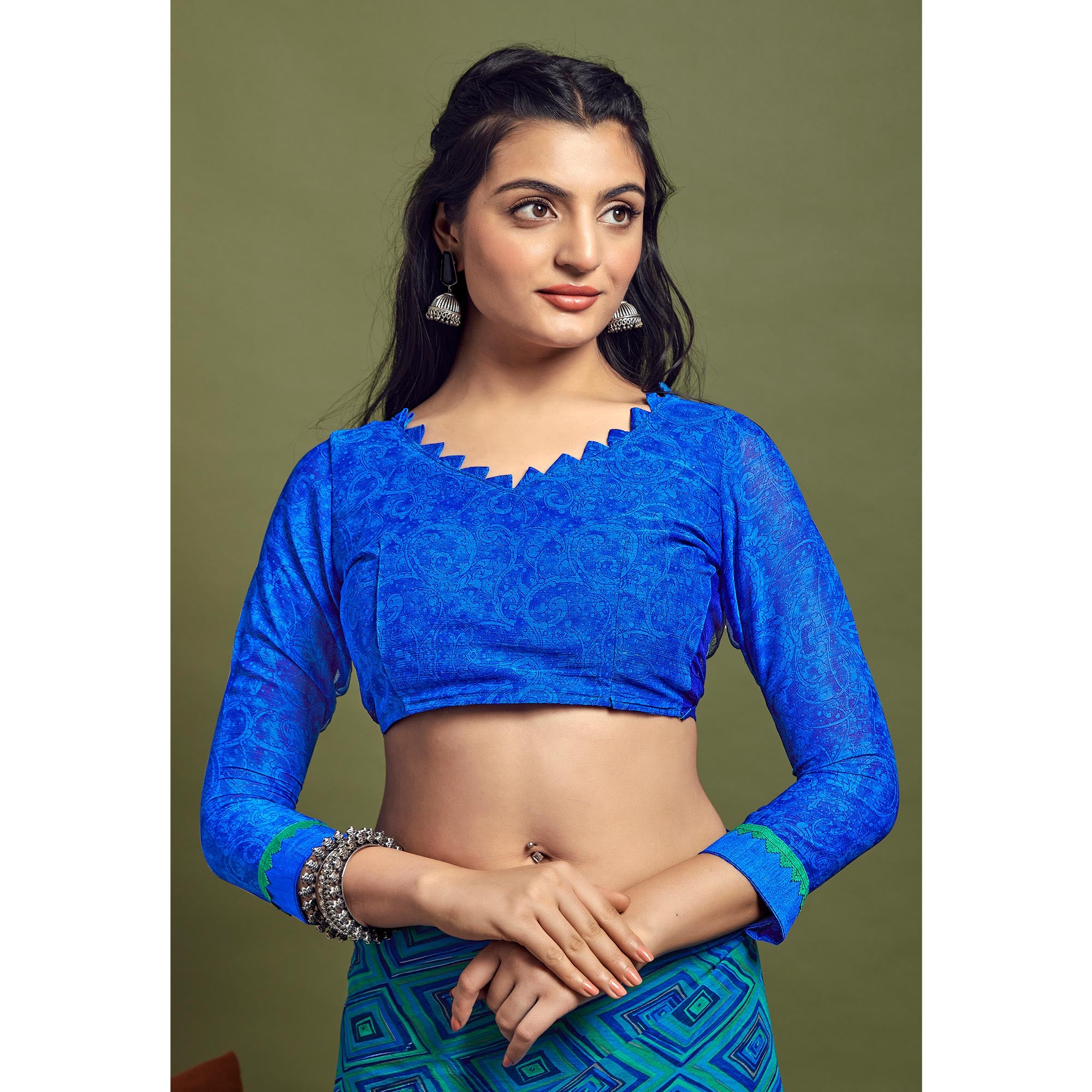 Blue Geometric Printed Chiffon Saree