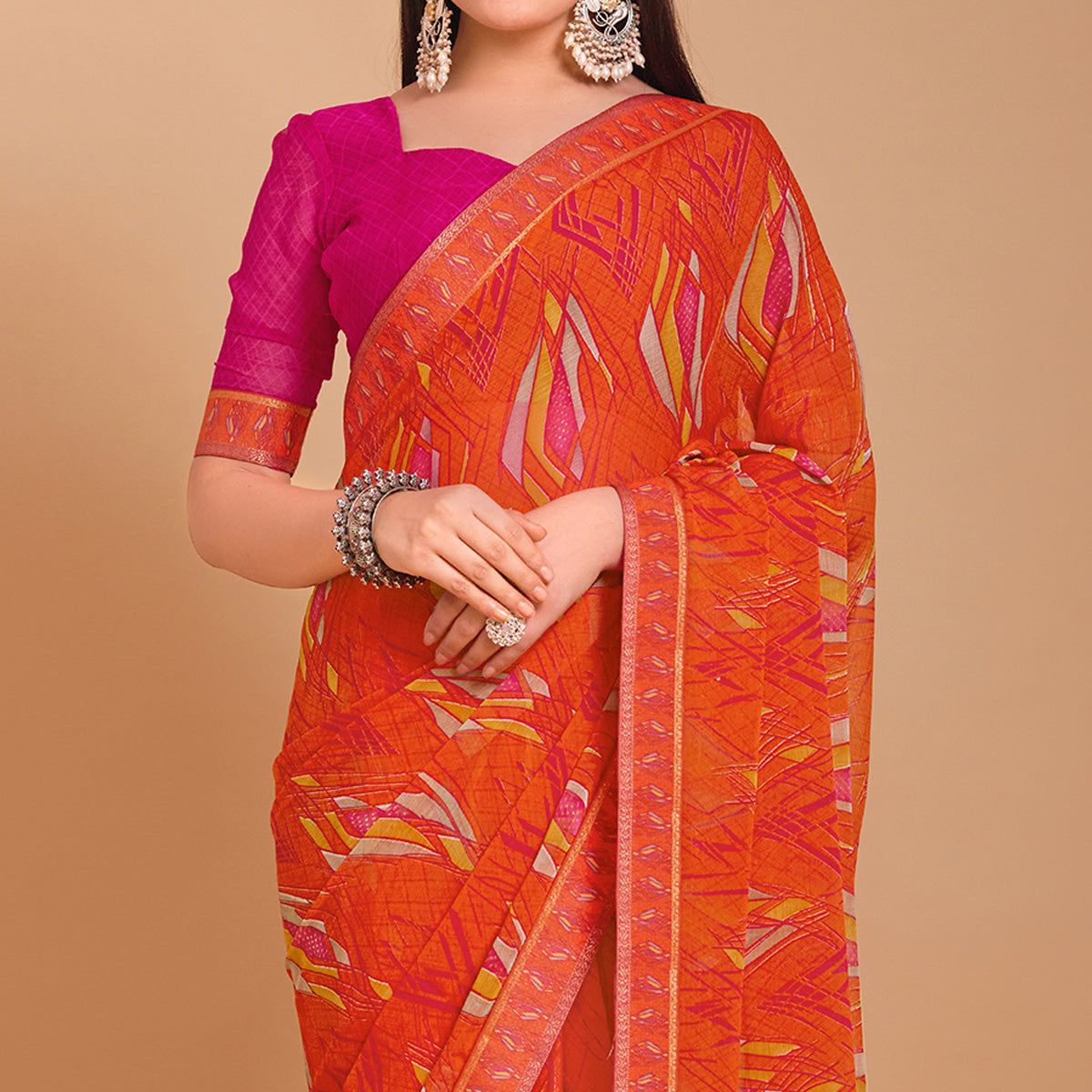 Orange Geometric Printed Chiffon Saree