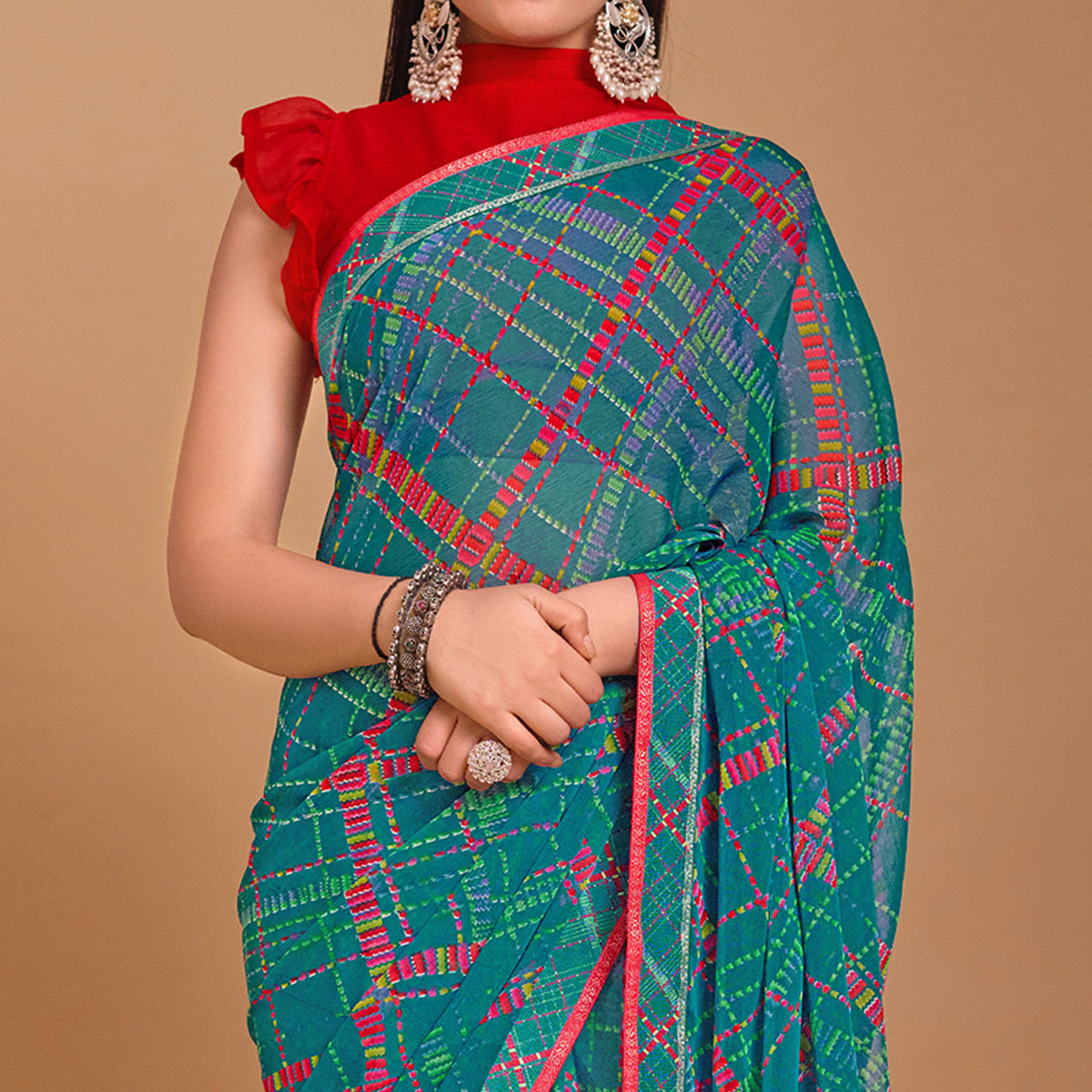 Teal Geometric Printed Chiffon Saree