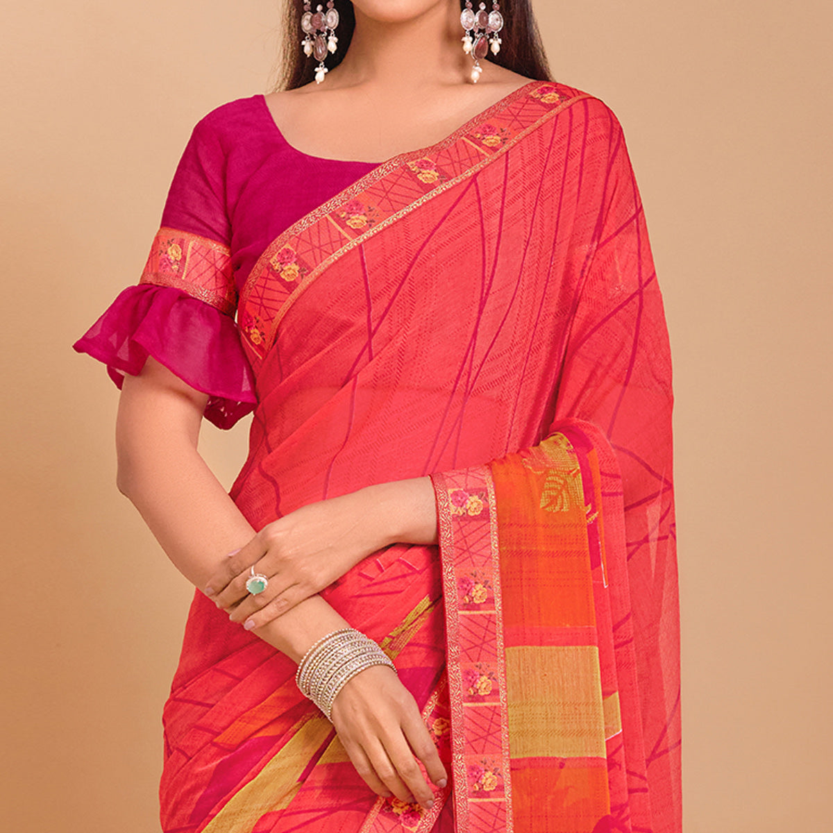 Peach Geometric Printed Chiffon Saree