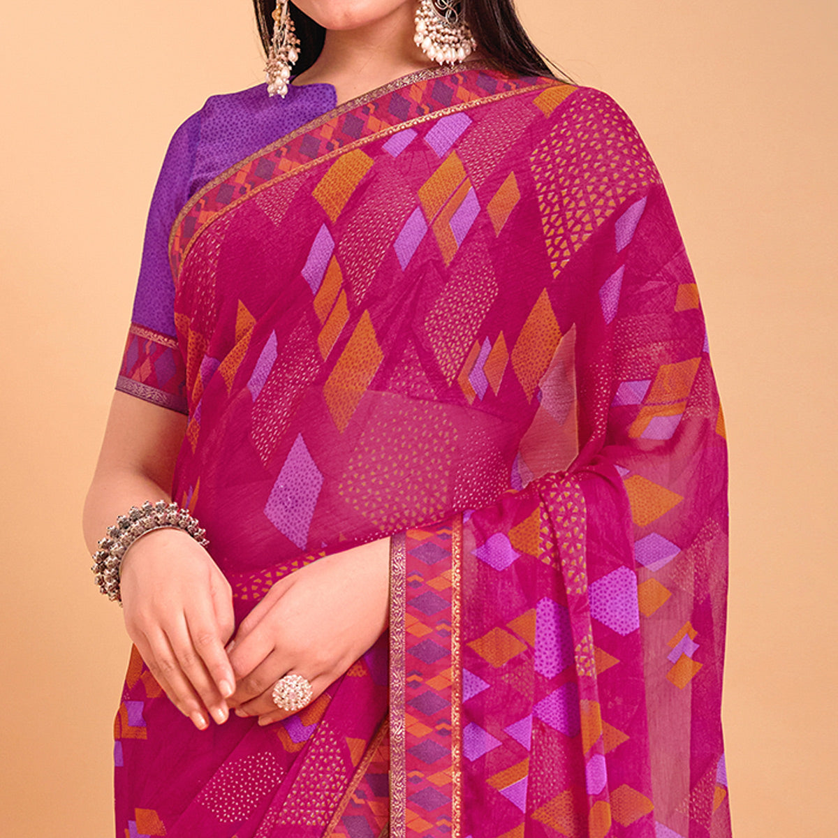 Pink Geometric Printed Chiffon Saree