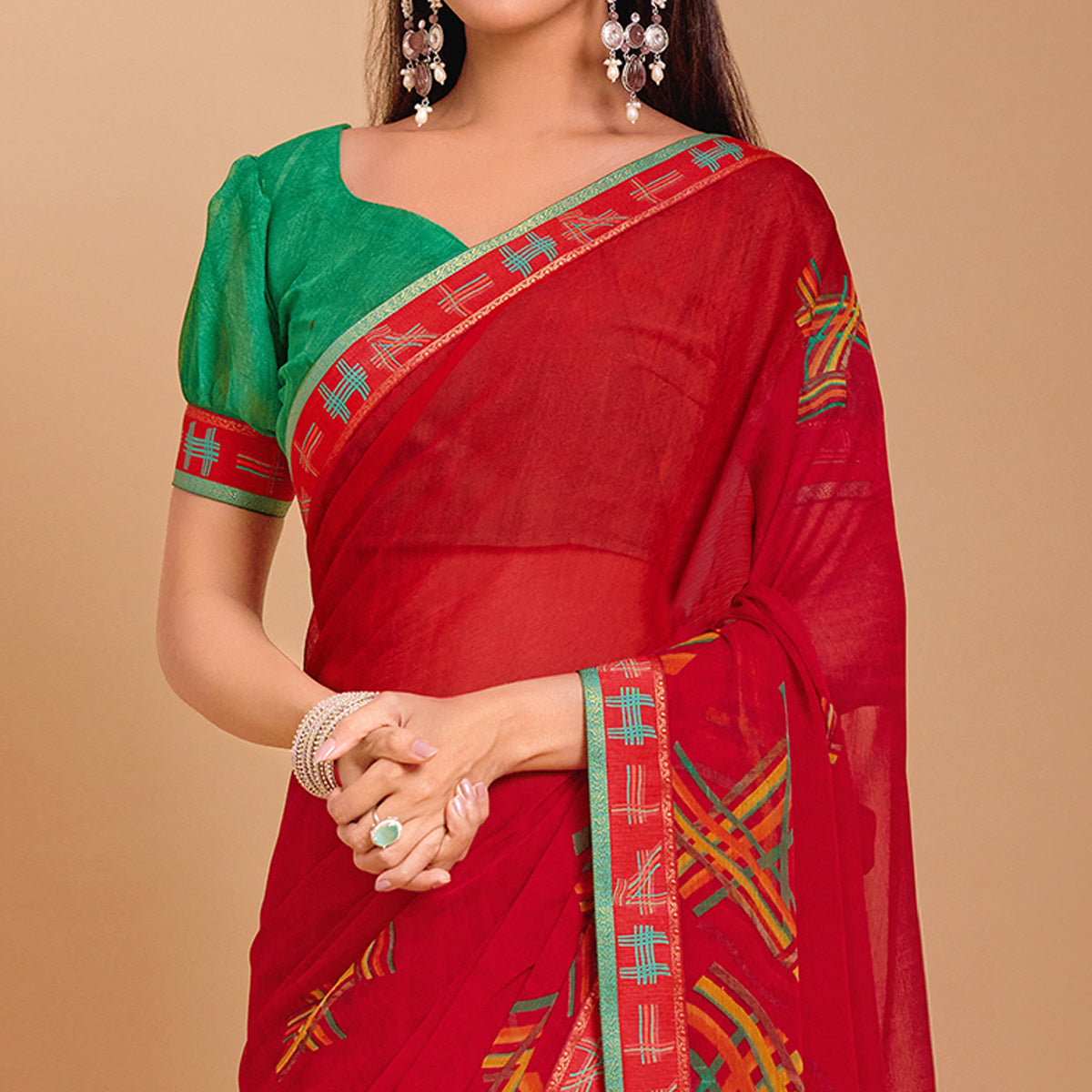 Red Geometric Printed Chiffon Saree
