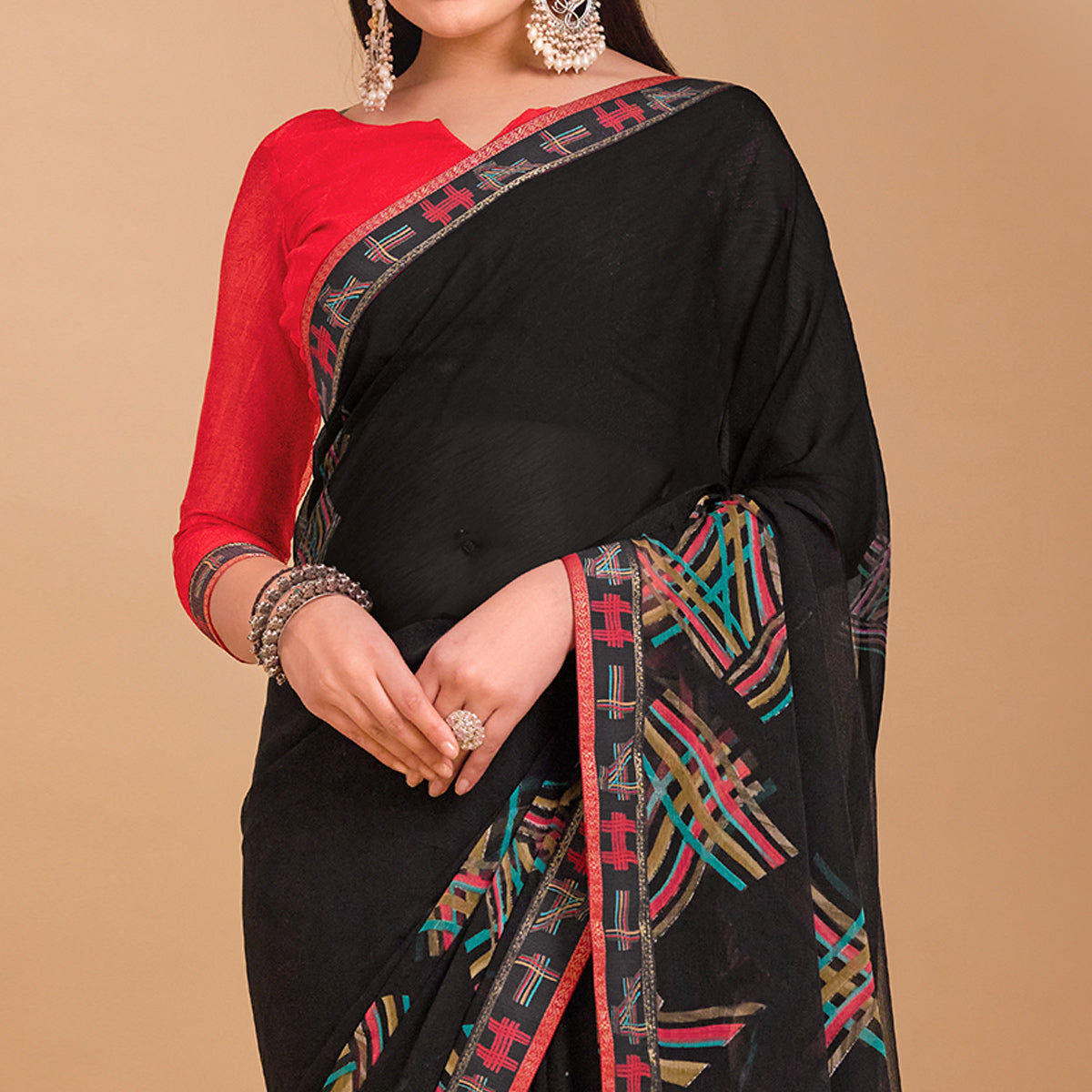 Black Geometric Printed Chiffon Saree