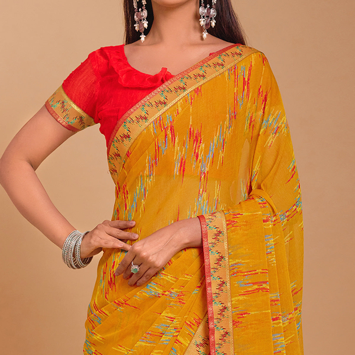 Mustard Ikkat Printed Chiffon Saree