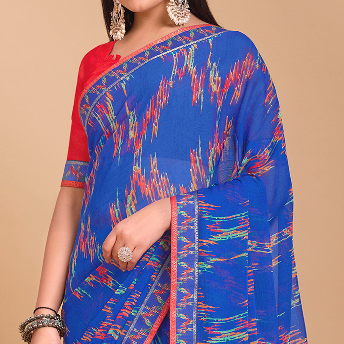 Blue Ikkat Printed Chiffon Saree