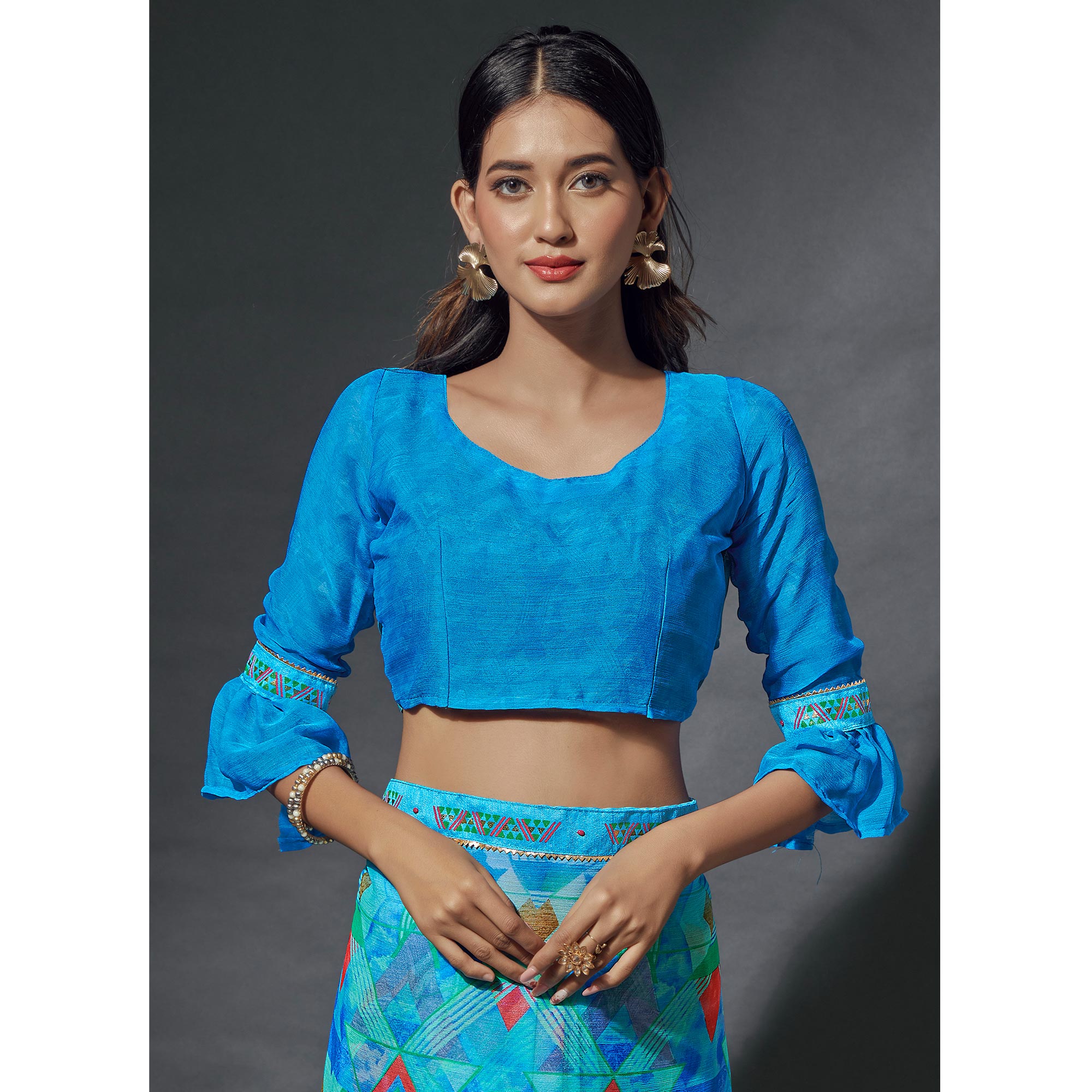 Blue Printed Chiffon Saree With Lace Border