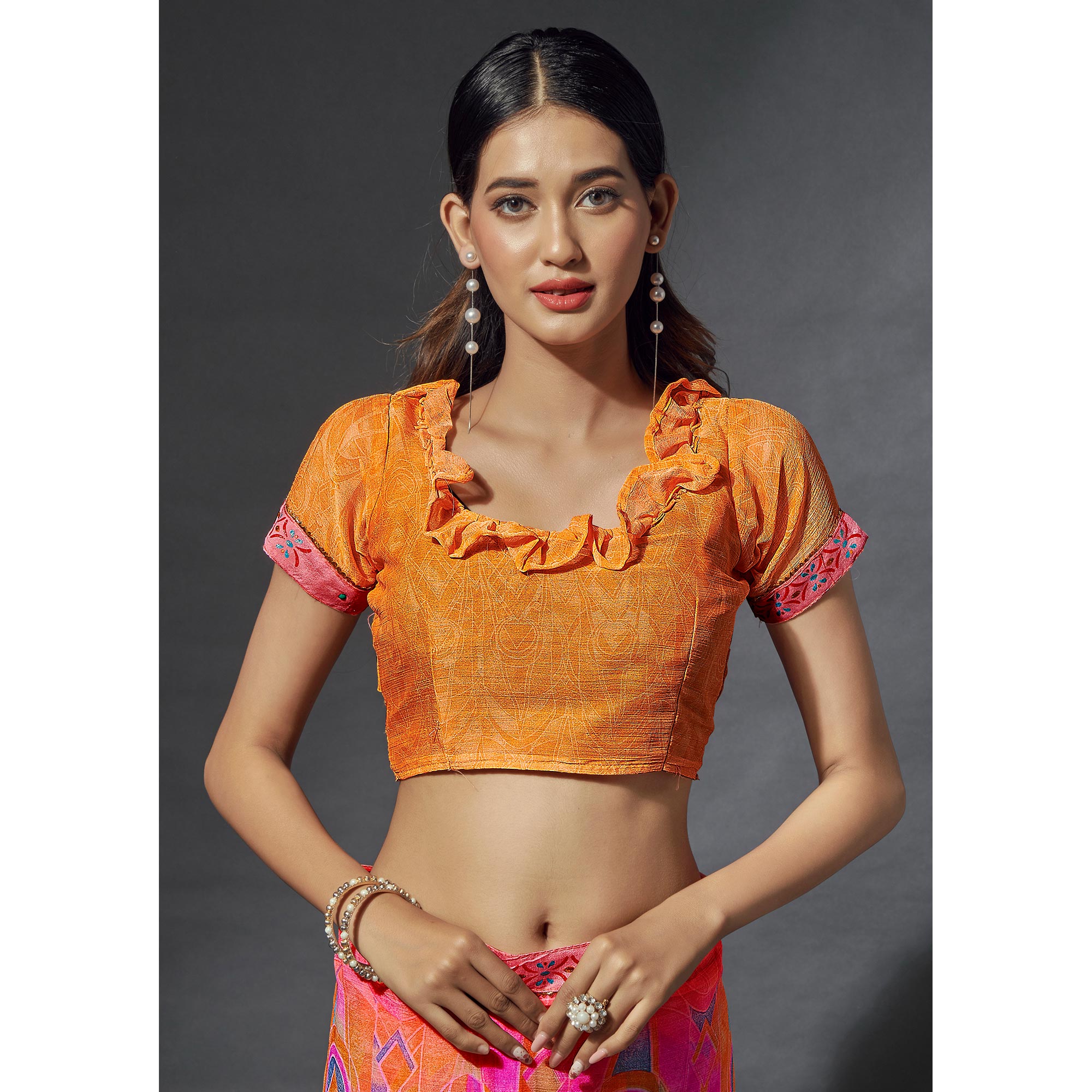 Pink & Orange Printed Chiffon Saree With Lace Border