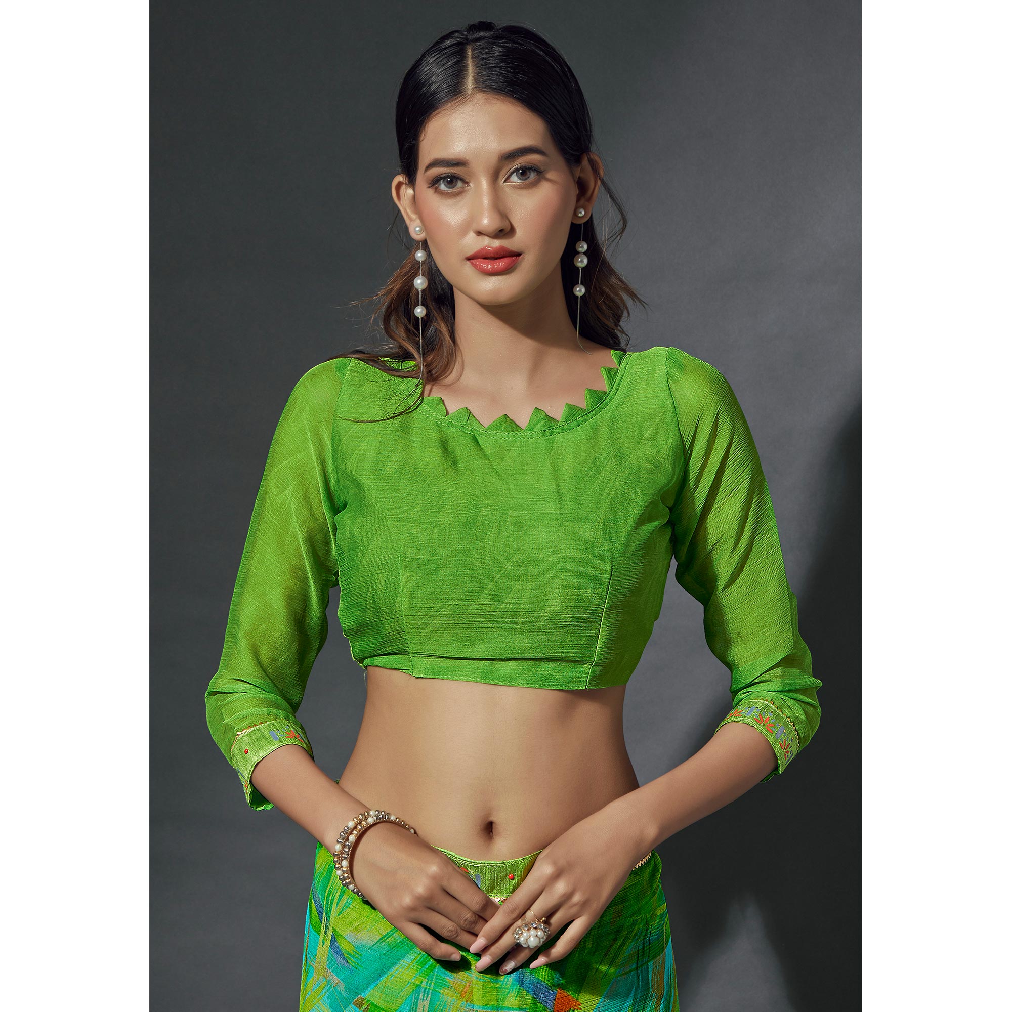 Green Printed Chiffon Saree With Lace Border