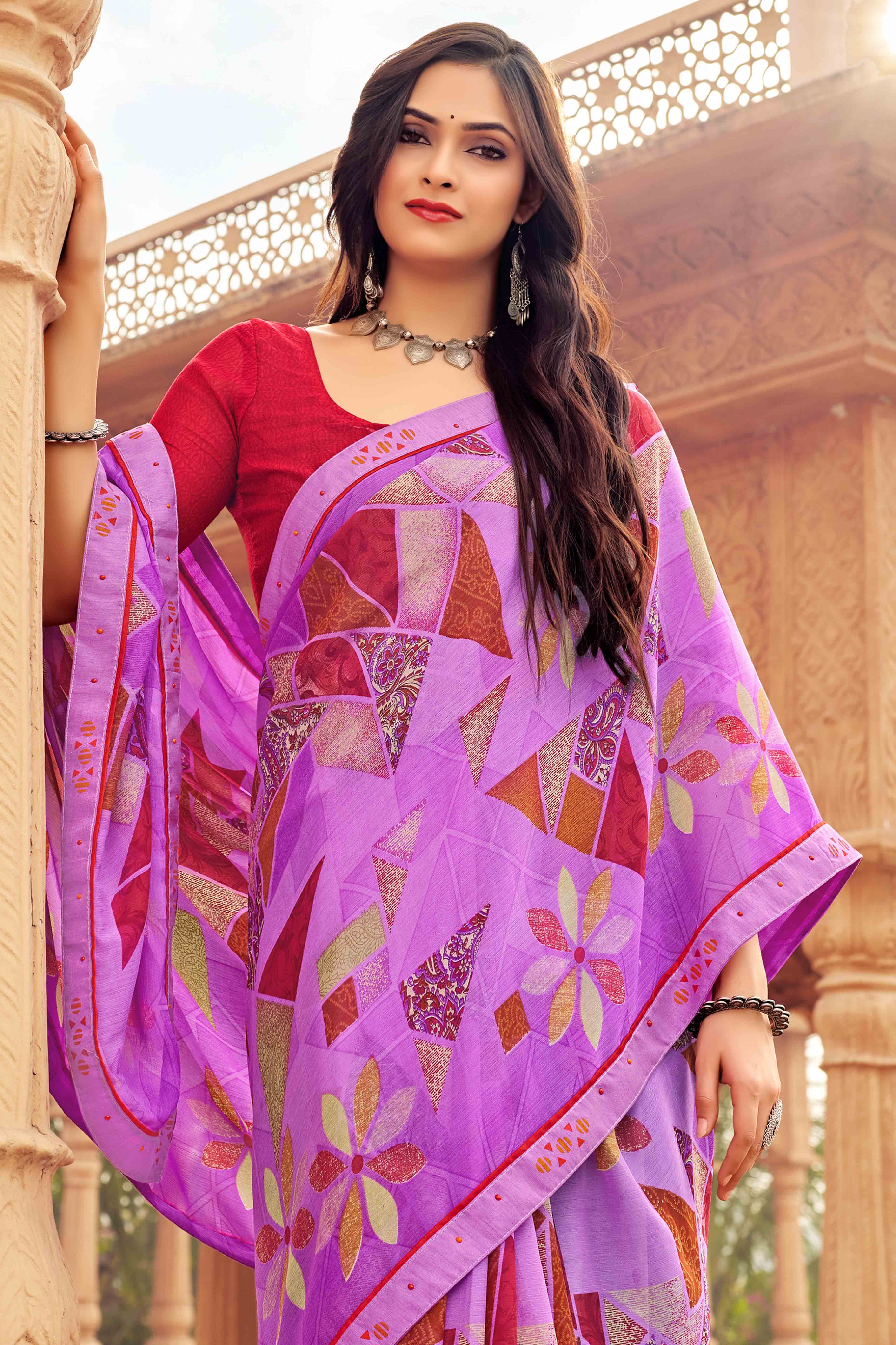 Purple Abstract Printed Chiffon Saree