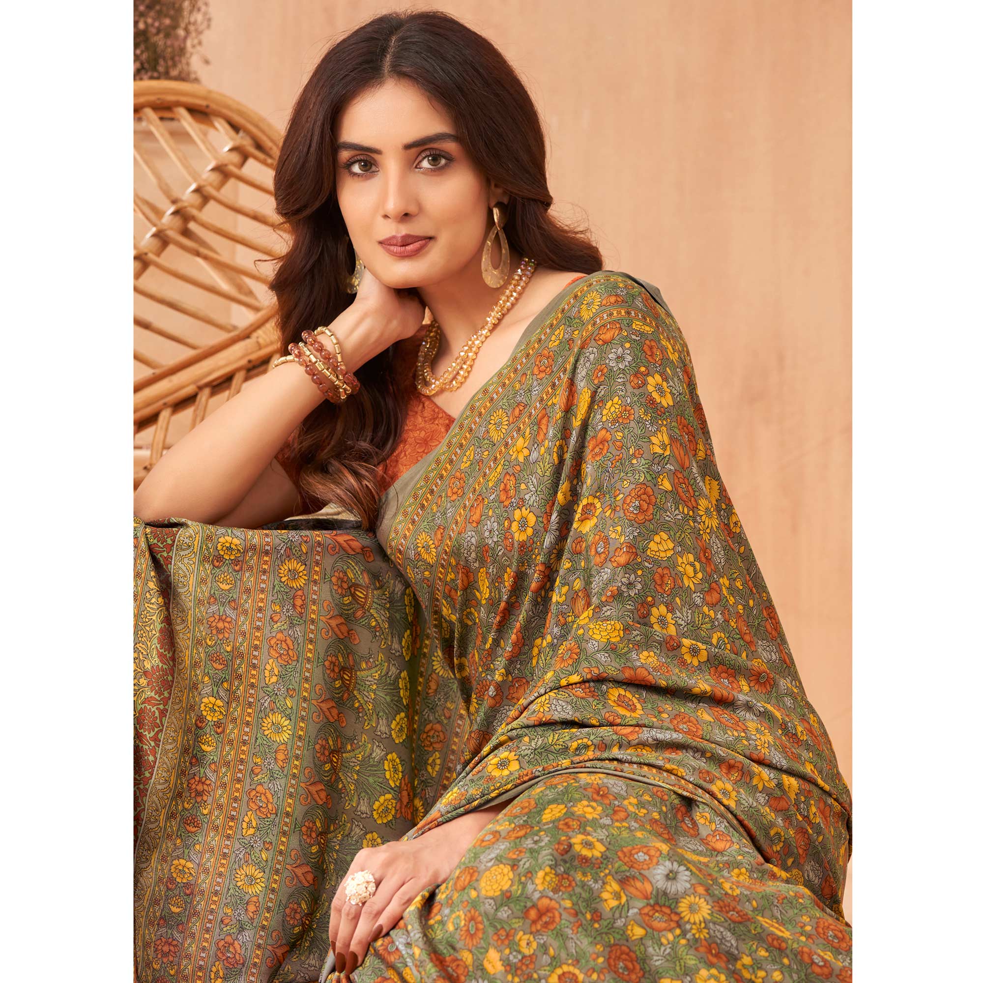 Multicolor Floral Printed Crepe Saree