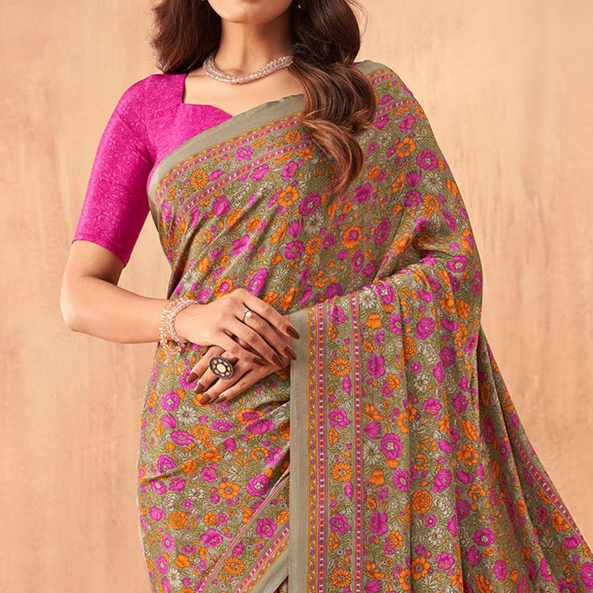 Multicolor Floral Printed Crepe Saree