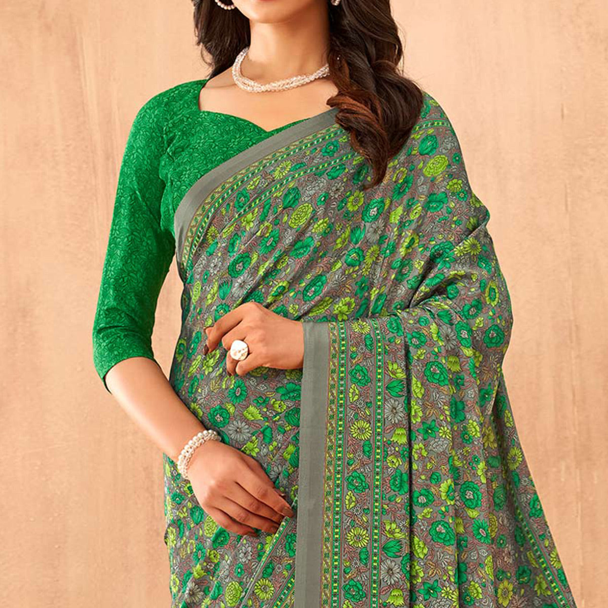 Green Floral Printed Crepe Saree