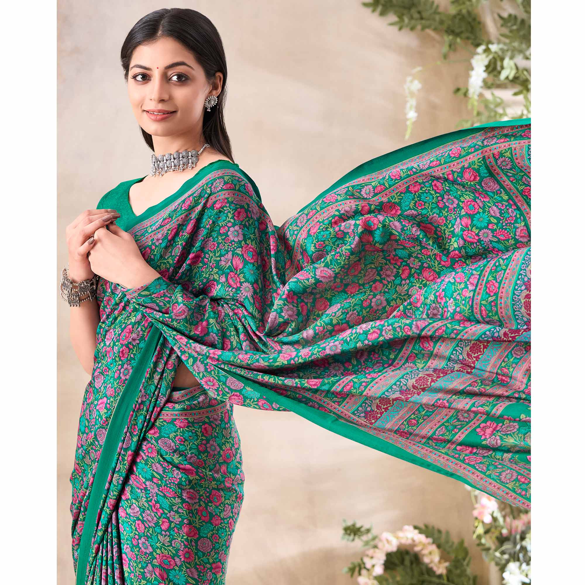 Green Floral Printed Crepe Saree