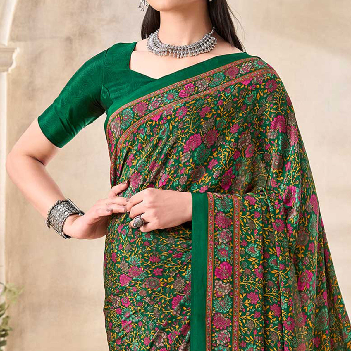 Green Floral Printed Crepe Saree