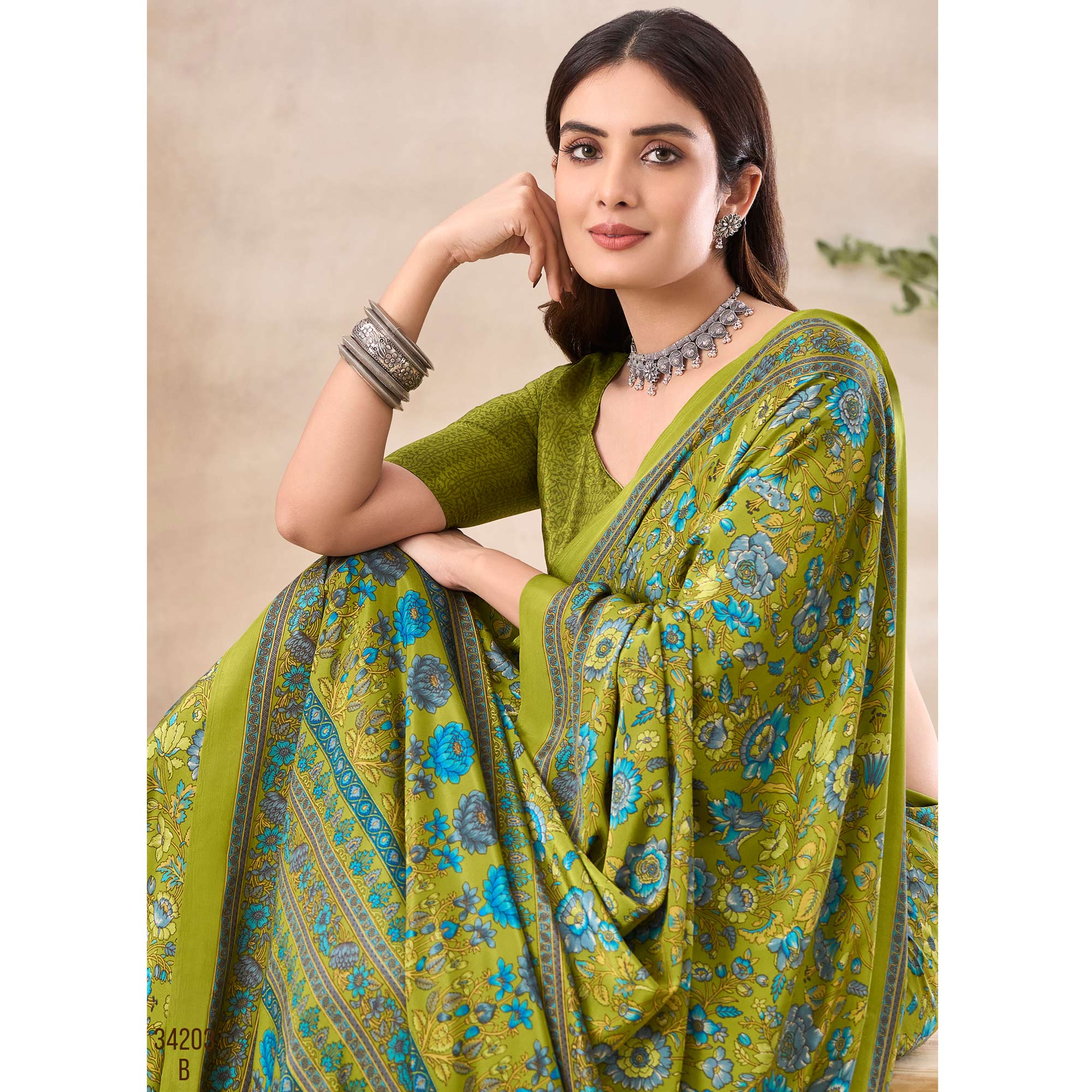 Olive Green Floral Printed Crepe Saree