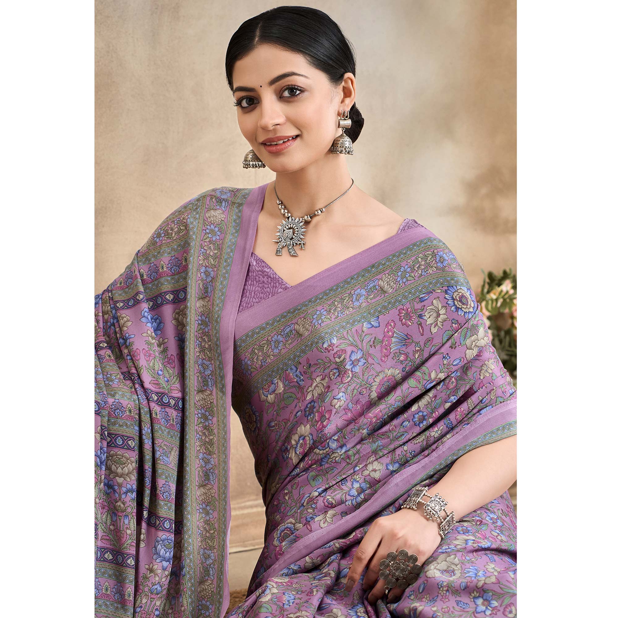 Purple Floral Printed Crepe Silk Saree