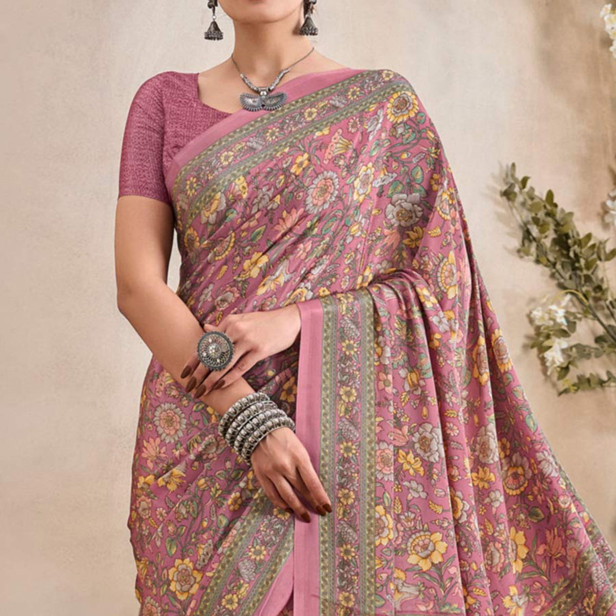 Mauve Floral Printed Crepe Silk Saree