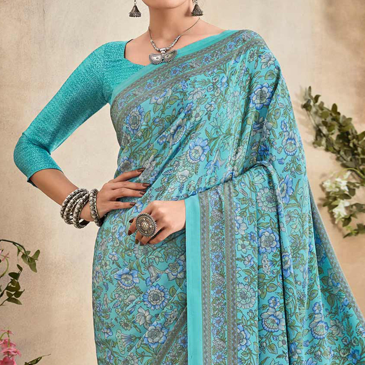 Turquoise Floral Printed Crepe Silk Saree