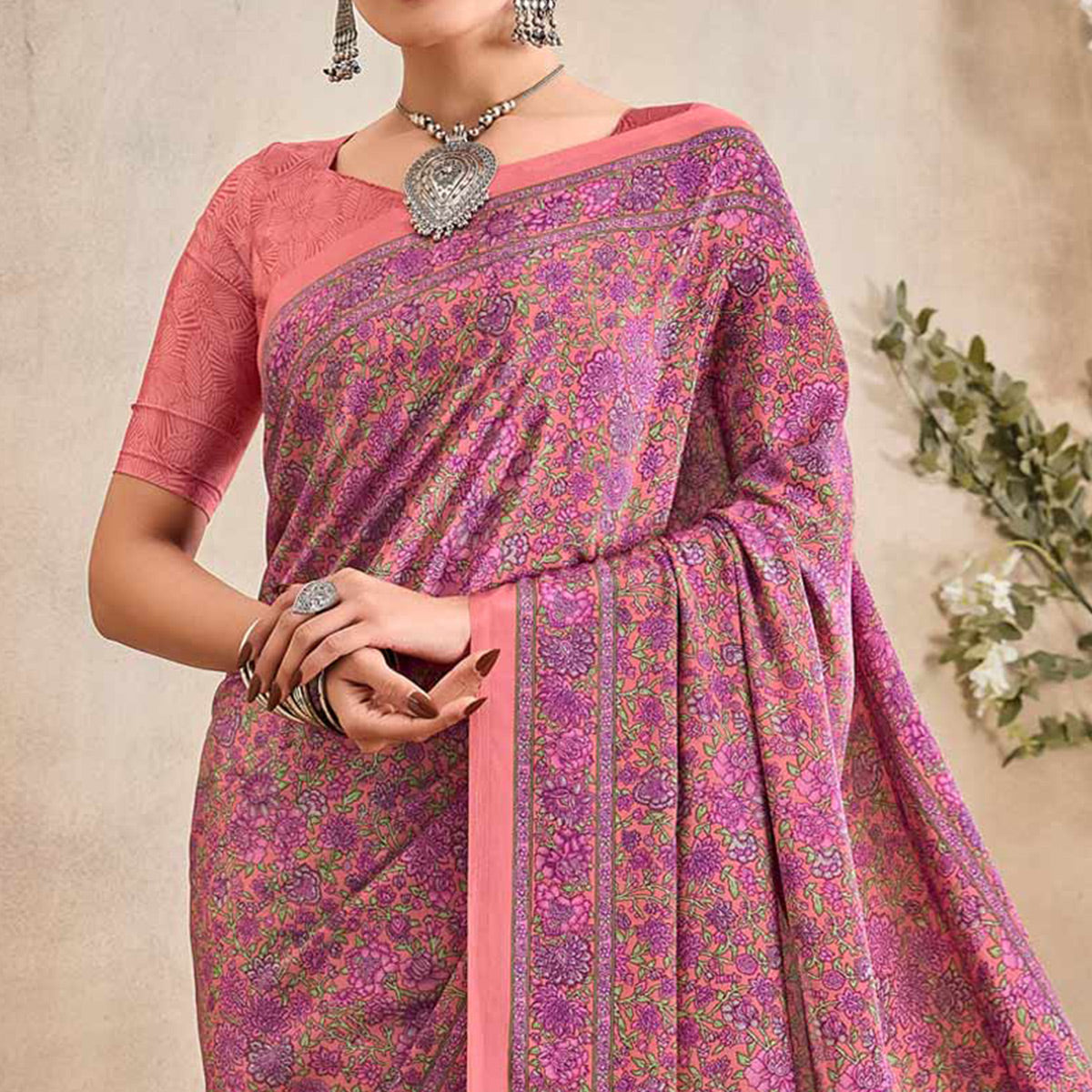 Pink Floral Printed Crepe Silk Saree