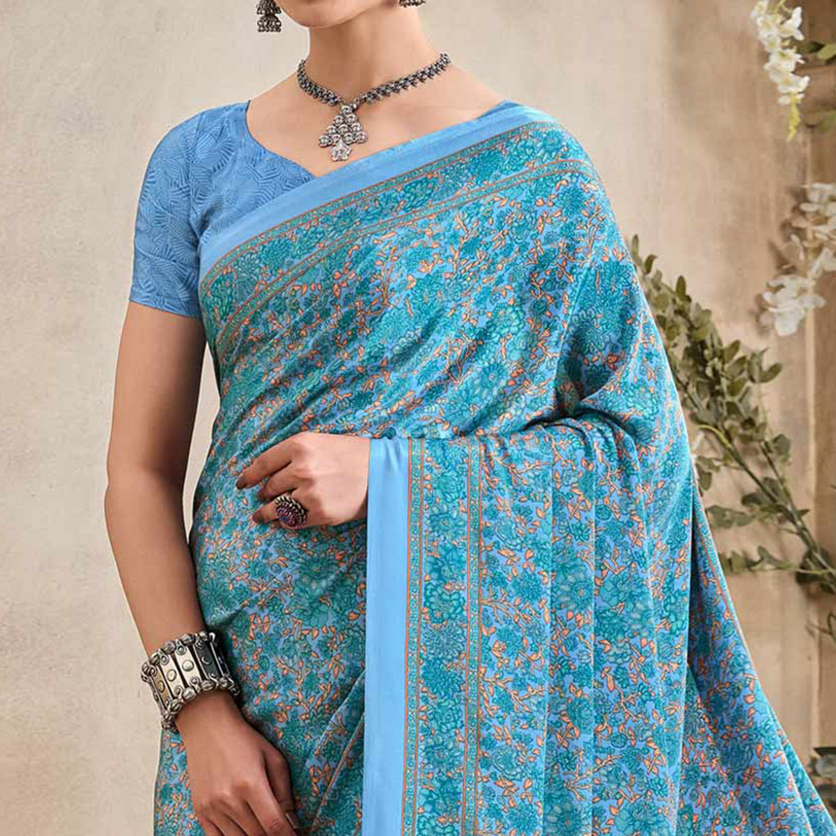 Blue Crepe Silk Floral Printed Saree