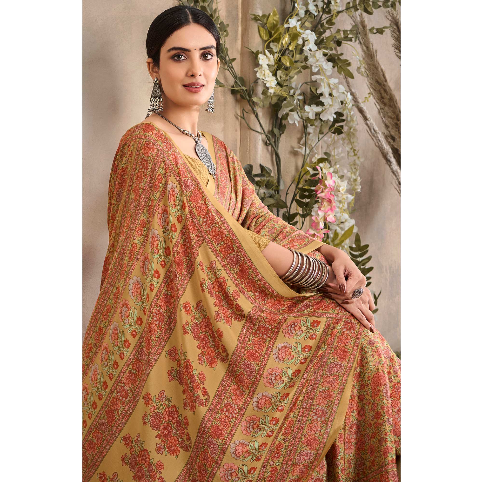 Mustard Crepe Silk Floral Printed Saree