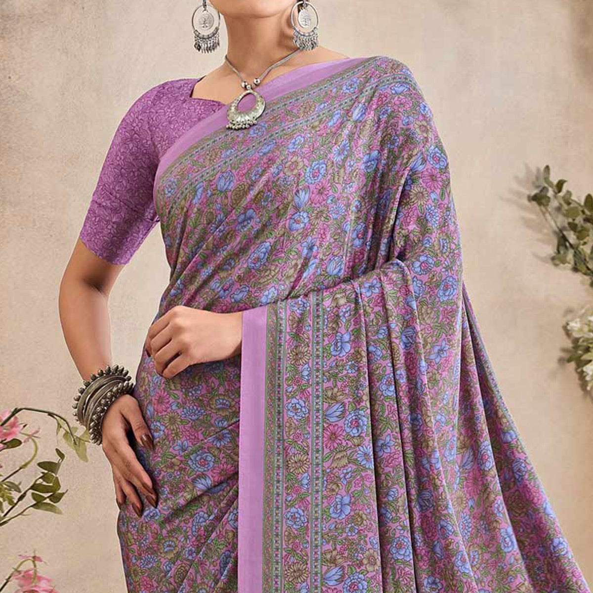 Purple Crepe Silk Floral Printed Saree