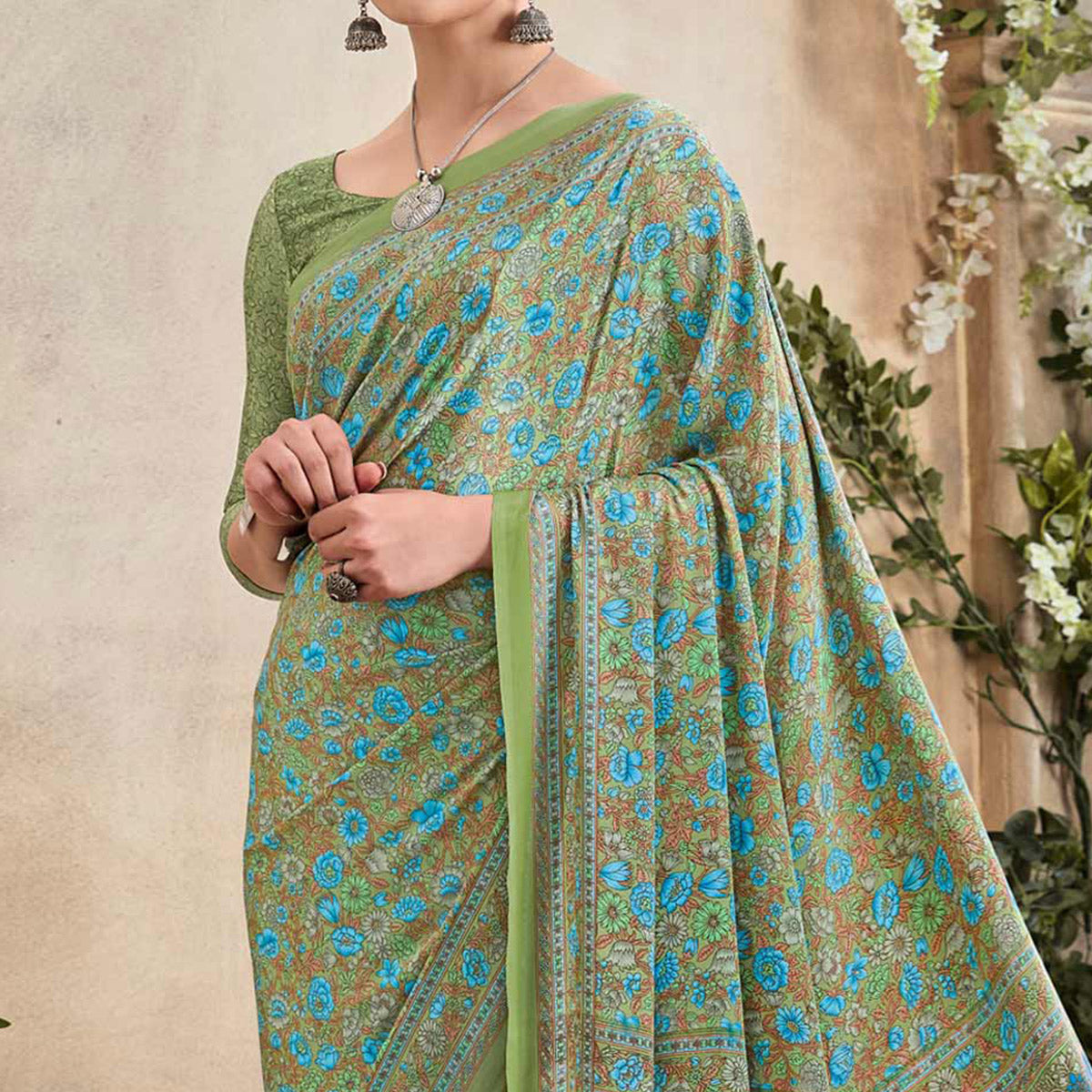 Green Crepe Silk Floral Printed Saree