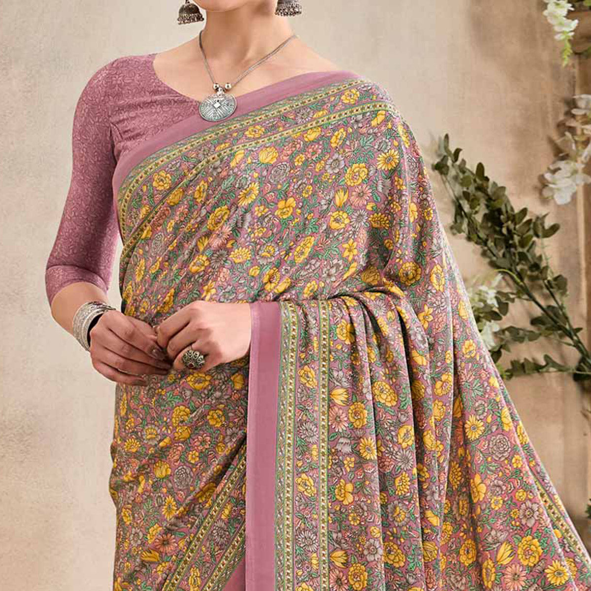 Mauve Crepe Silk Floral Printed  Saree