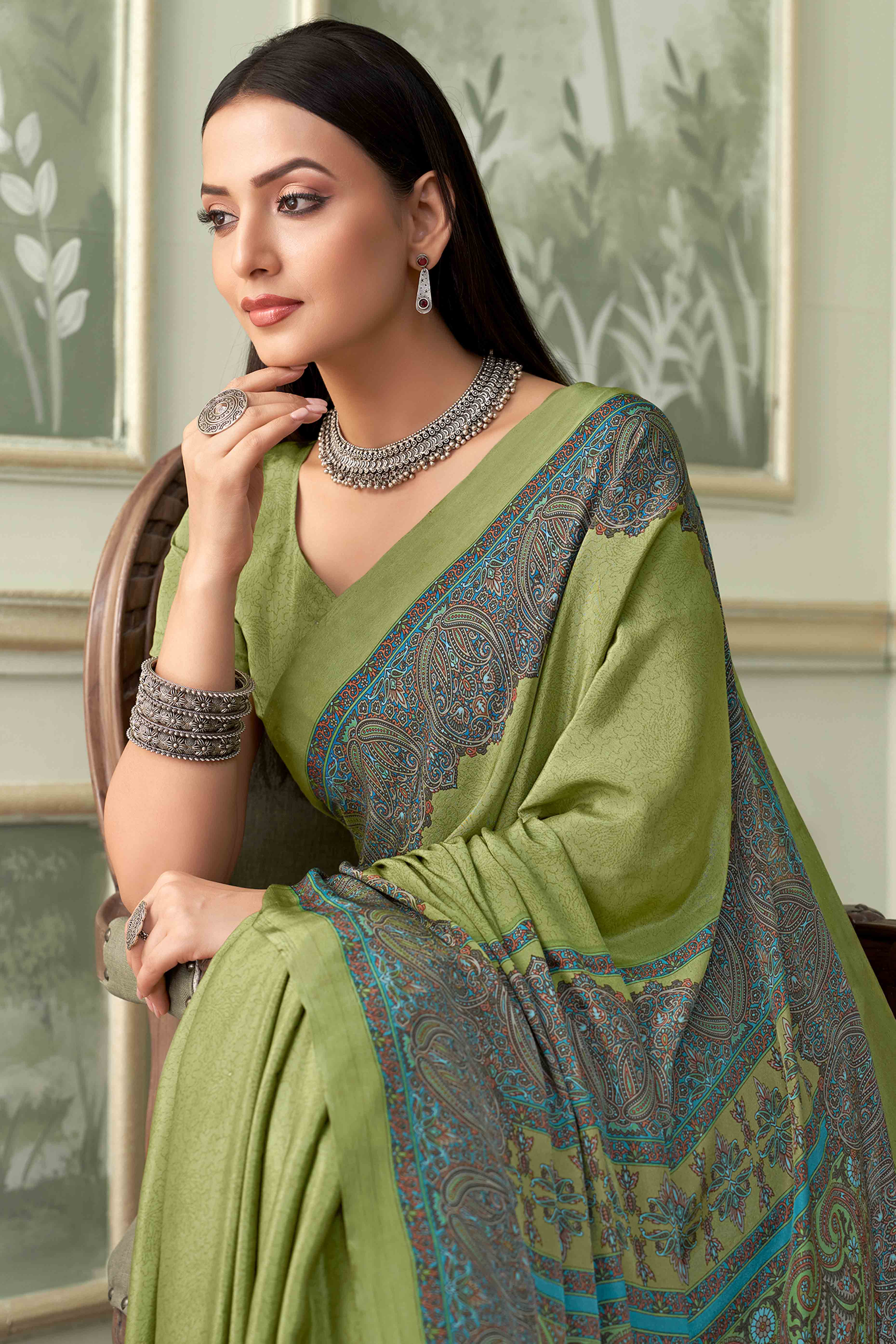 Olive Green Floral Printed Crepe Silk Saree