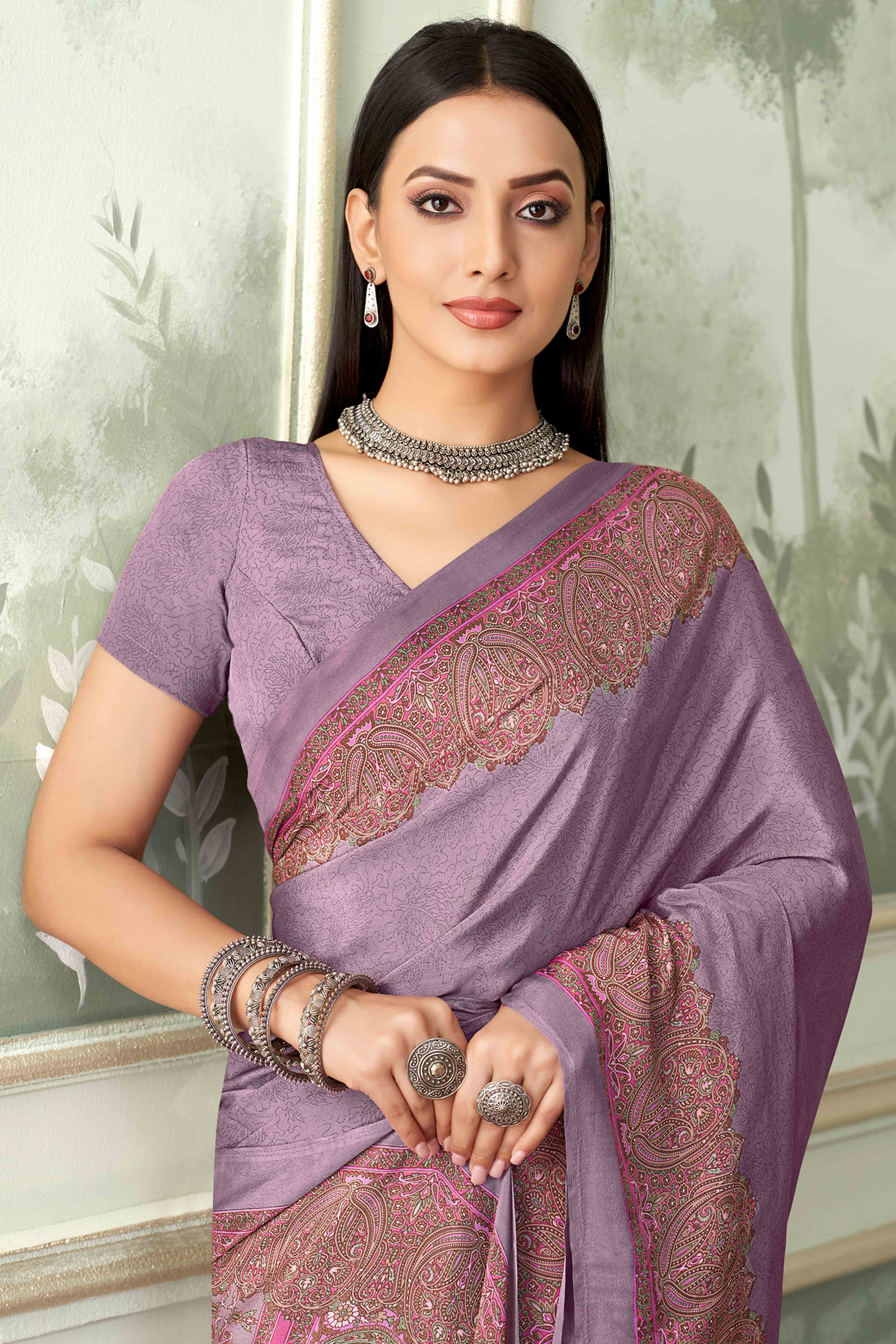 Mauve Floral Printed Crepe Silk Saree