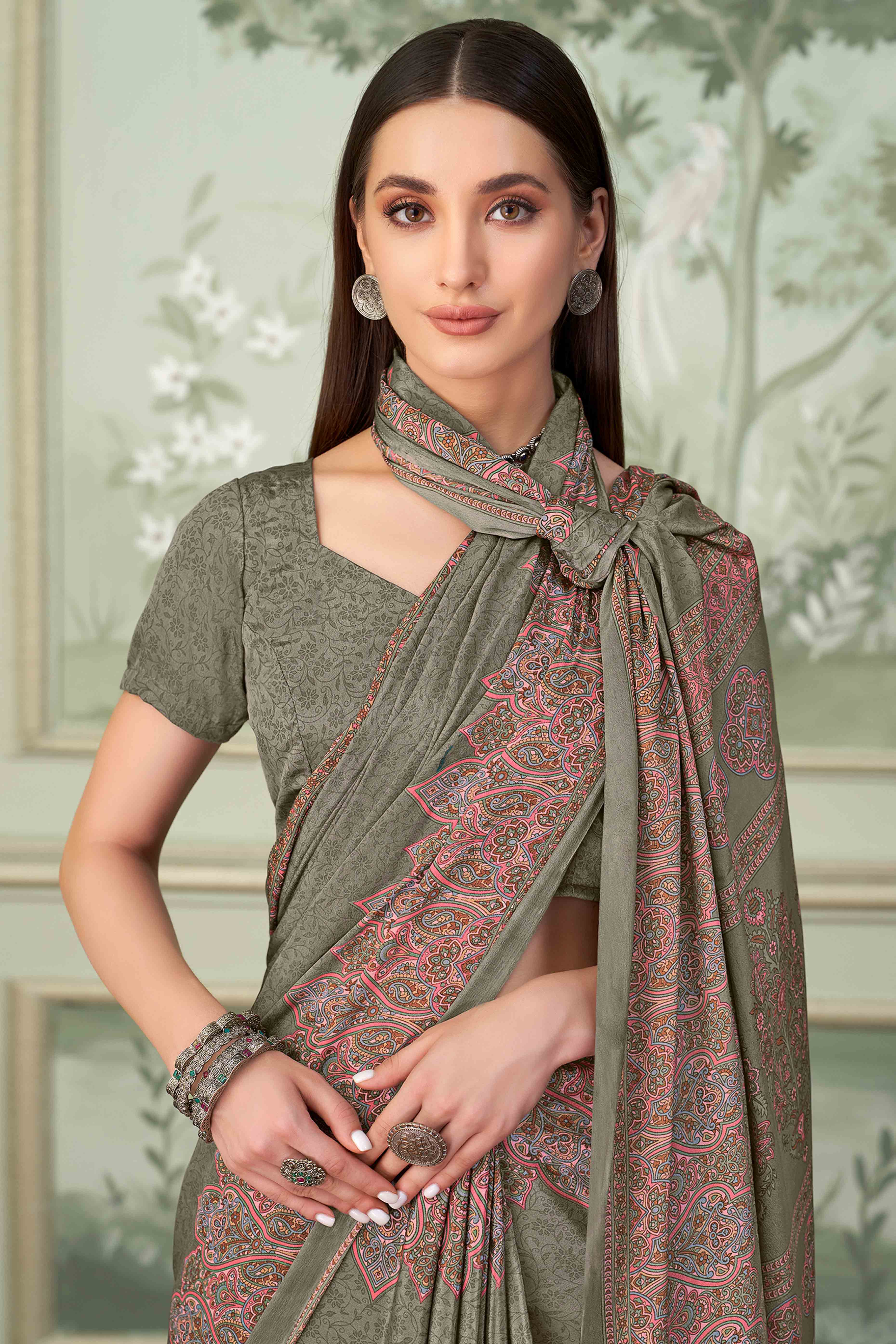 Grey Floral Printed Crepe Silk Saree